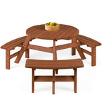 6-Person Circular Wooden Picnic Table w/ Umbrella Hole, 3 Benches