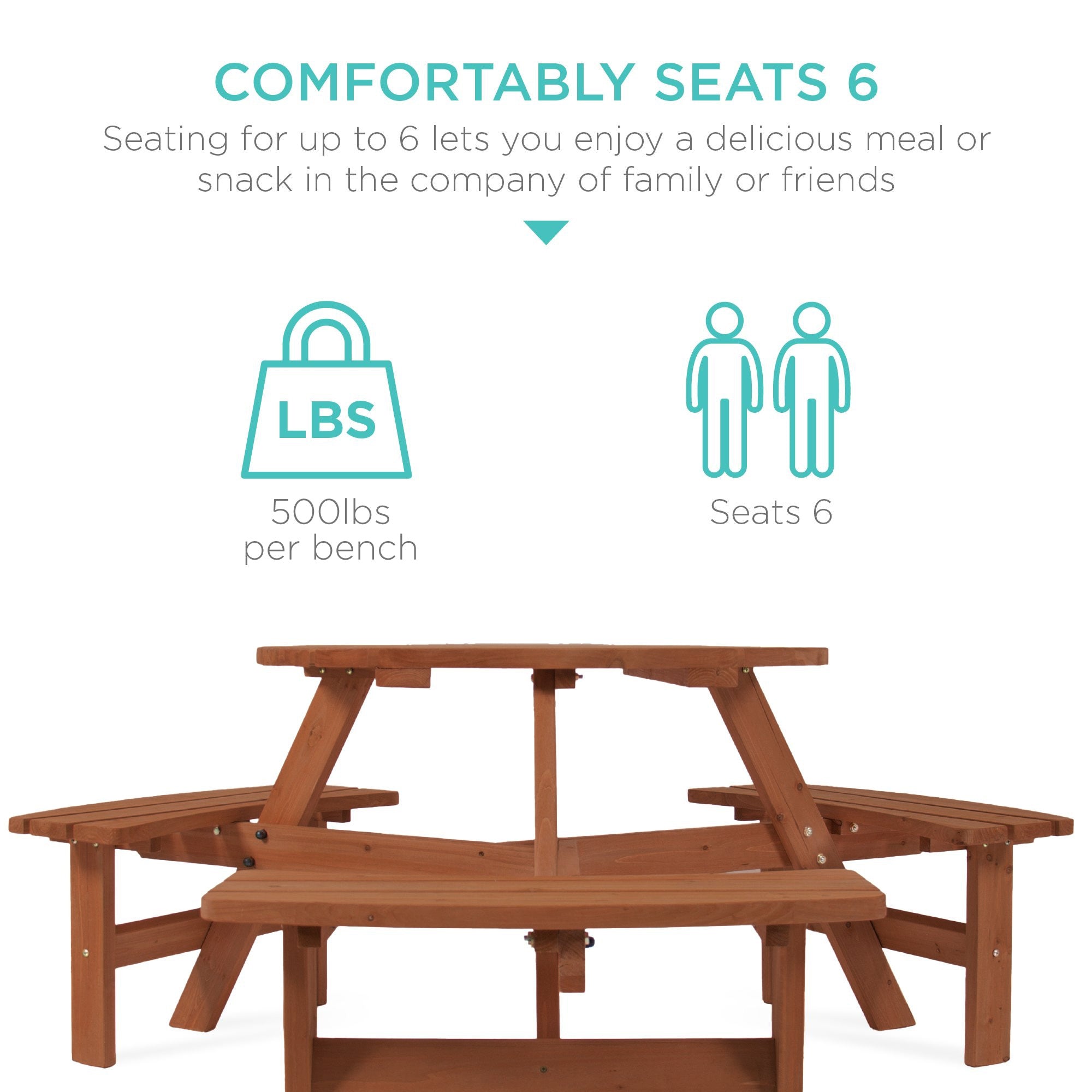 6-Person Circular Wooden Picnic Table w/ Umbrella Hole, 3 Benches