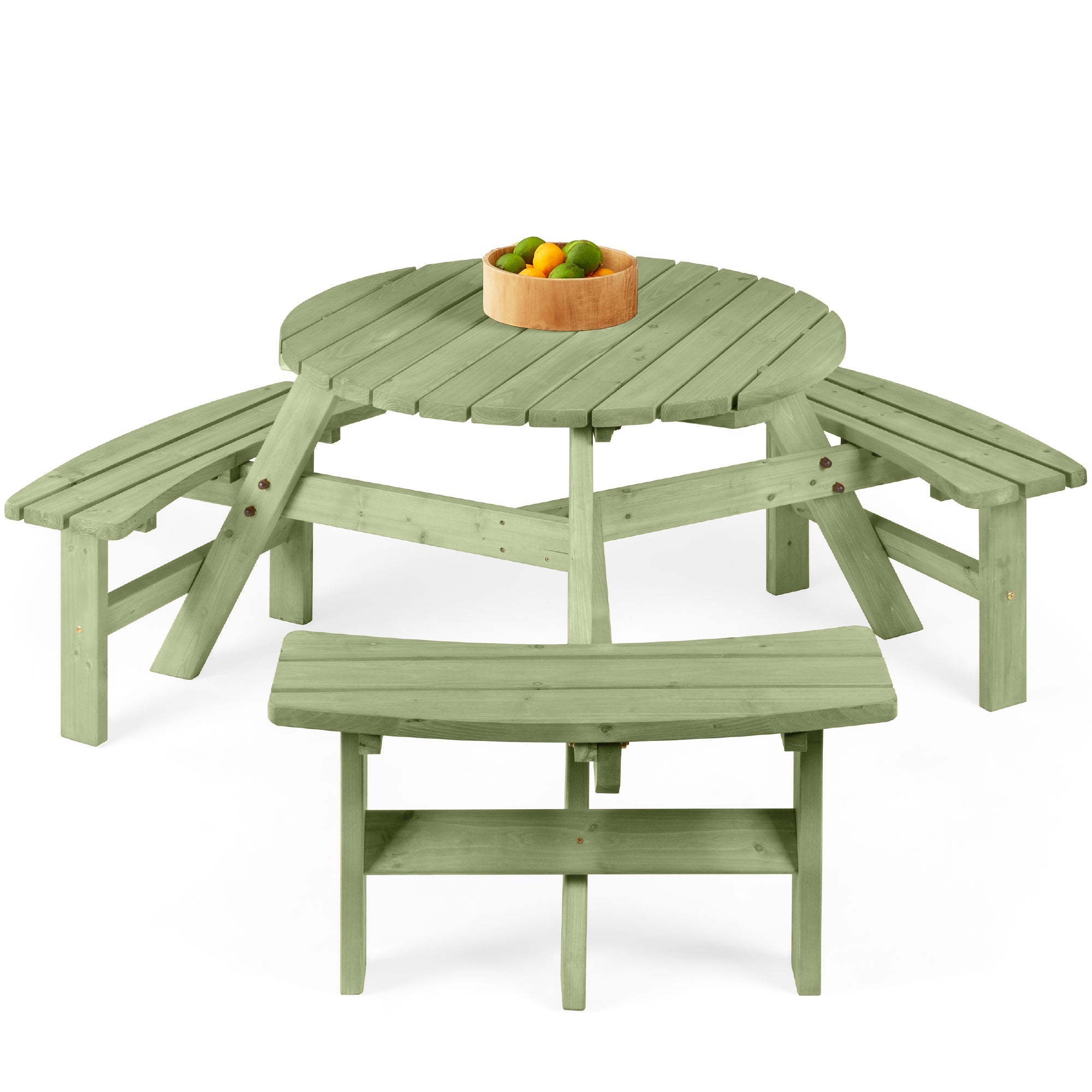 6-Person Circular Wooden Picnic Table w/ Umbrella Hole, 3 Benches