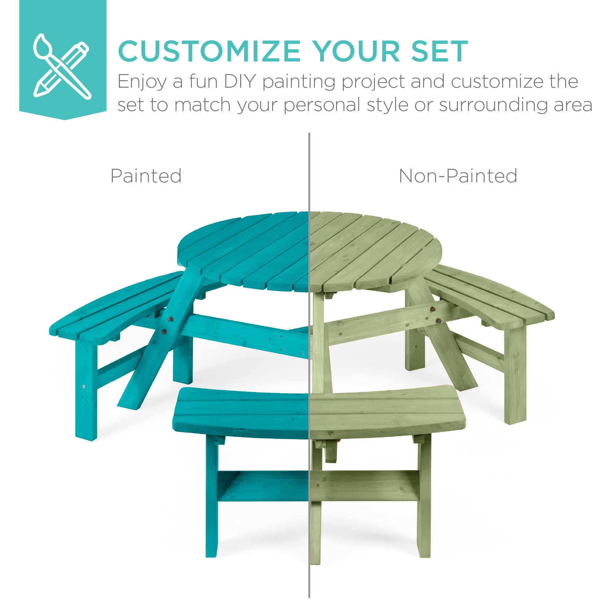 6-Person Circular Wooden Picnic Table w/ Umbrella Hole, 3 Benches