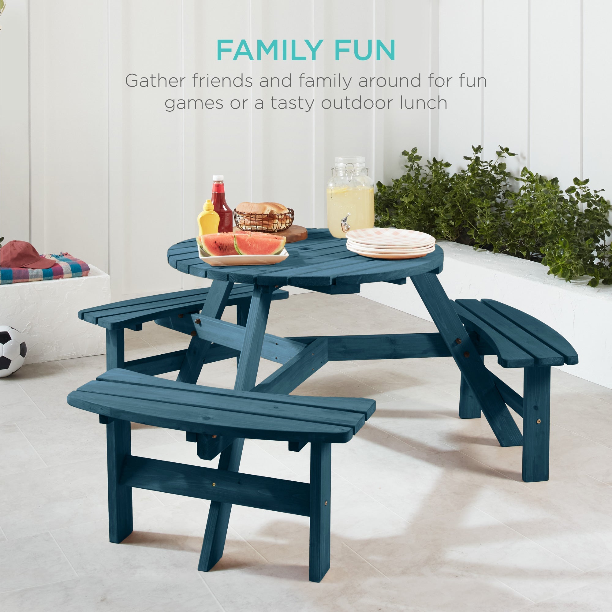6-Person Circular Wooden Picnic Table w/ Umbrella Hole, 3 Benches