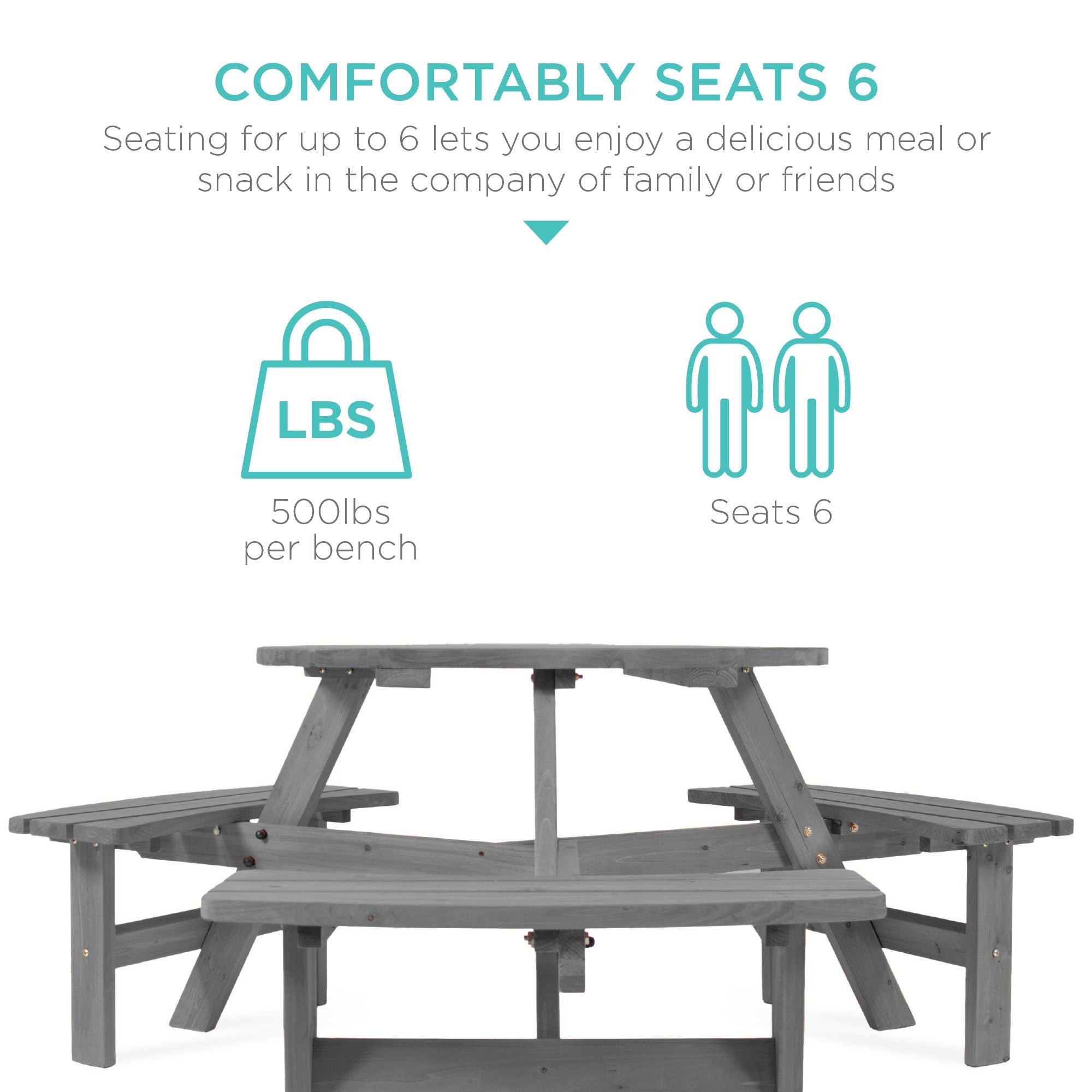 6-Person Circular Wooden Picnic Table w/ Umbrella Hole, 3 Benches