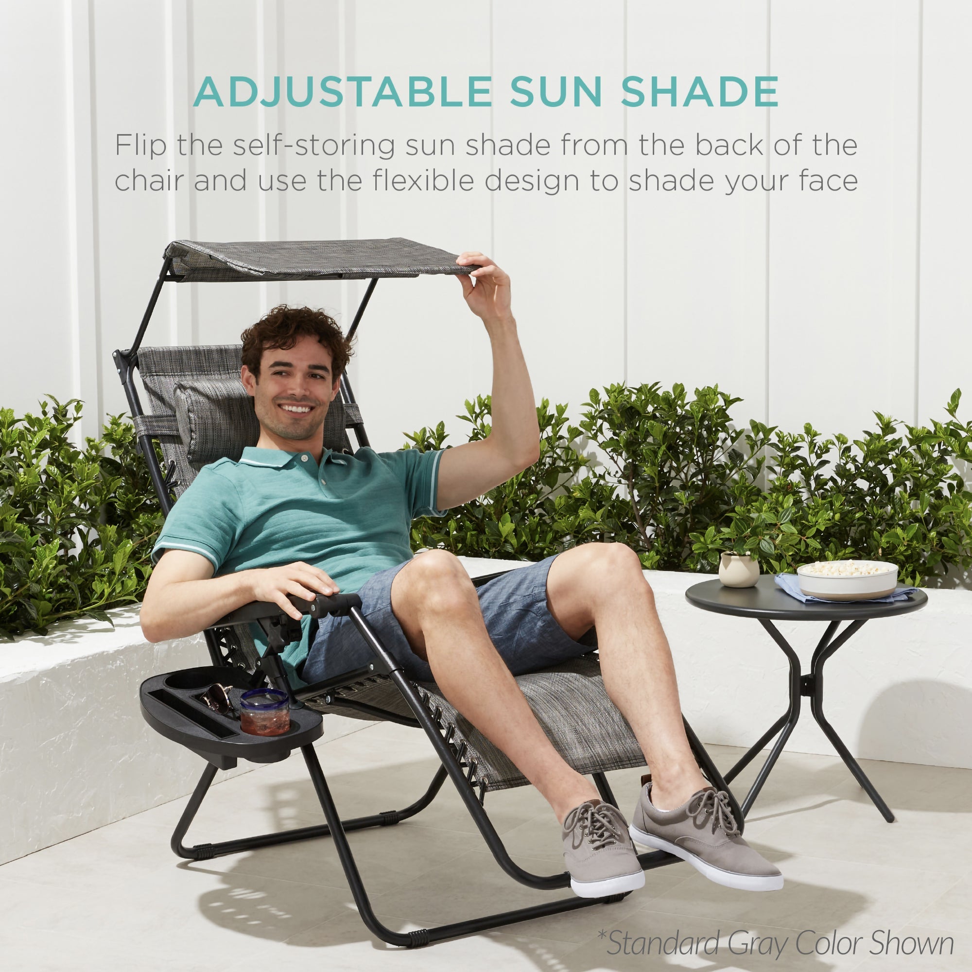 30" Wide Folding Zero Gravity Patio Lounge Chair w/Adjustable Canopy Shade