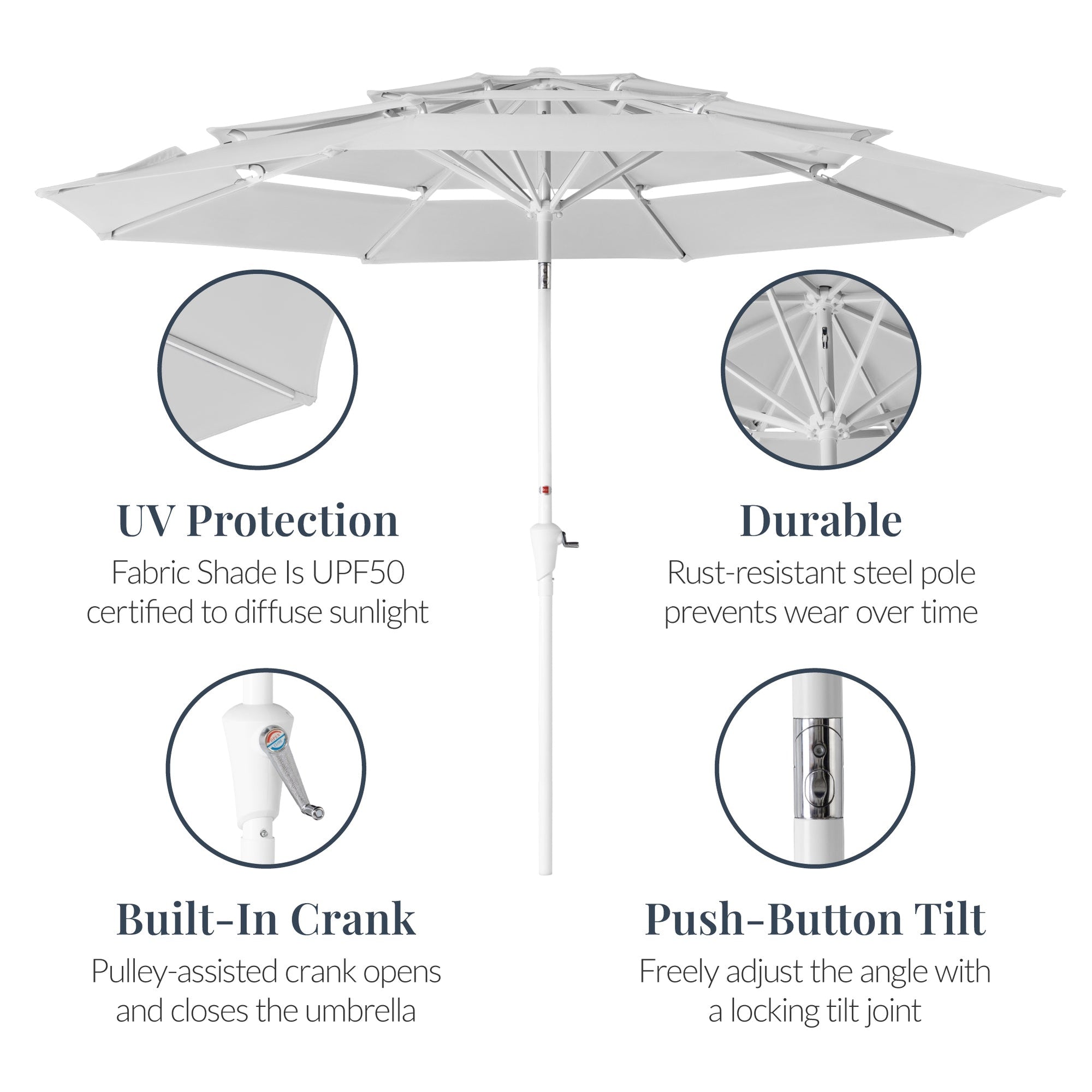 10ft 3-Tier Patio Market Umbrella White Pole, Push Button Tilt, Crank Lift