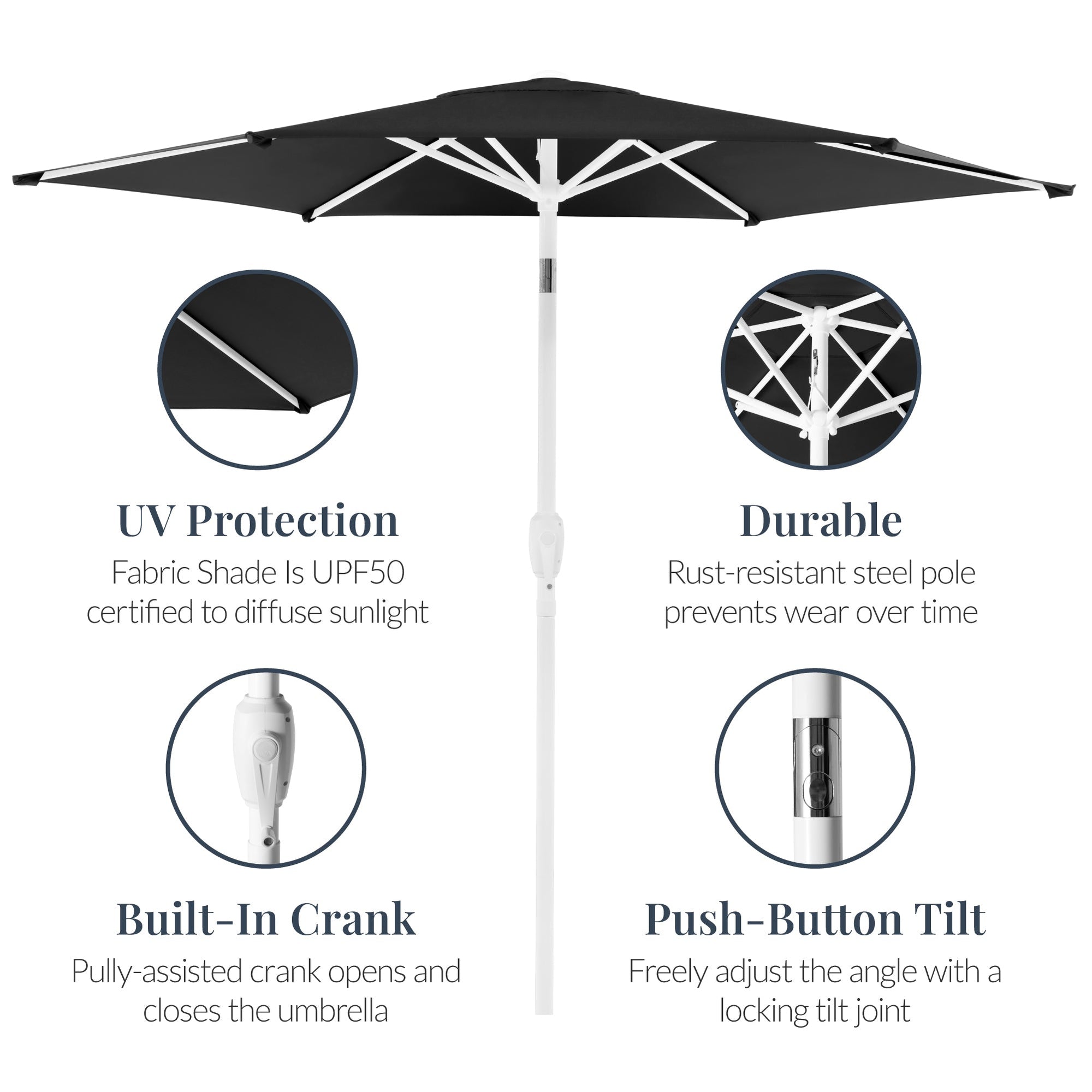 7.5ft Patio Market Umbrella with White Pole, Push Button Tilt and Crank Lift