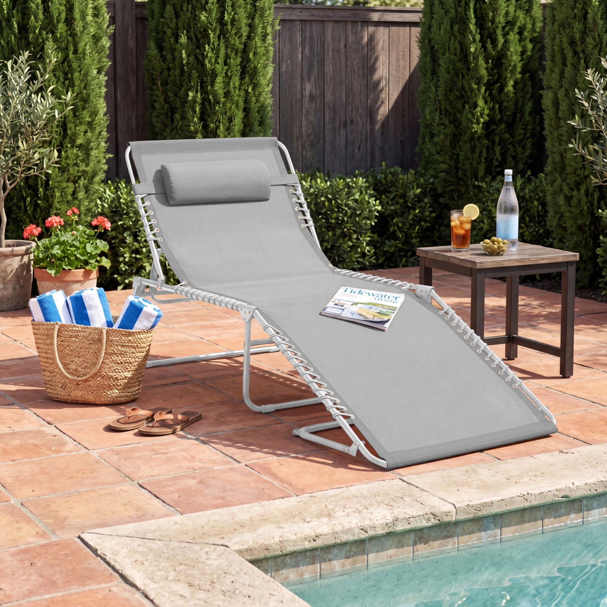 Portable Patio Chaise Lounge Chair Outdoor Recliner w/ Pillow