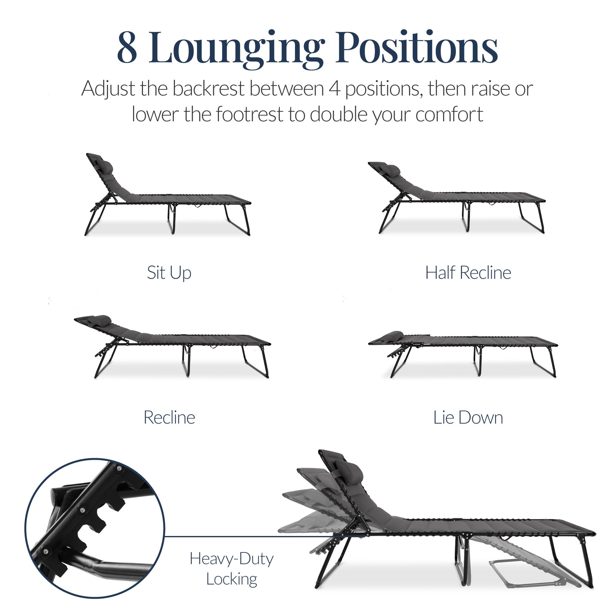 Extra Wide Padded Patio Chaise Lounge Chair, Portable Recliner 8 Positions