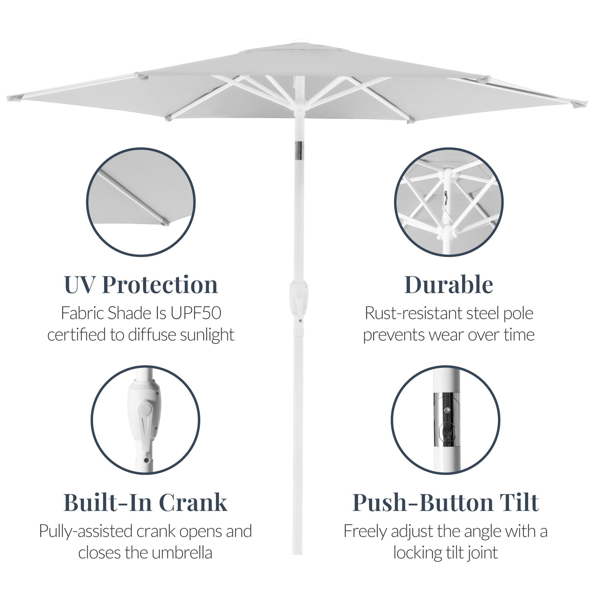 7.5ft Patio Market Umbrella with White Pole, Push Button Tilt and Crank Lift