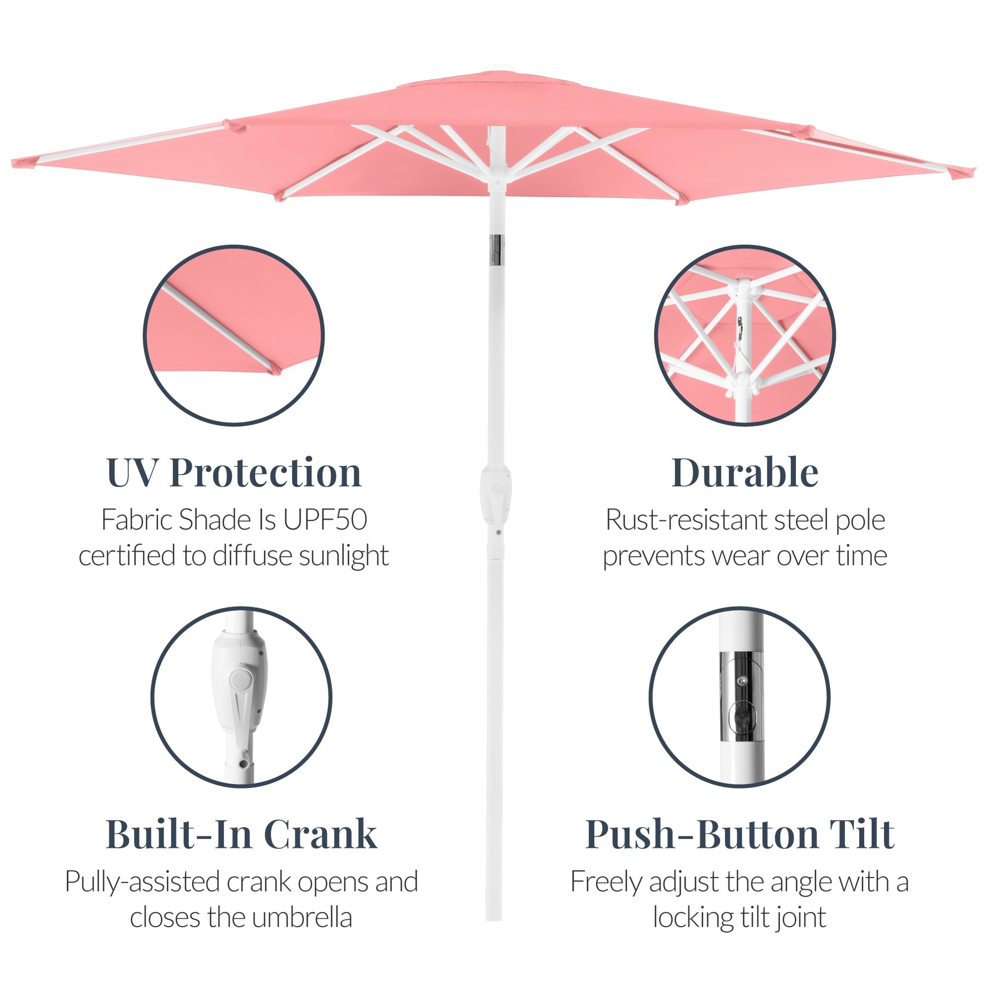 7.5ft Patio Market Umbrella with White Pole, Push Button Tilt and Crank Lift