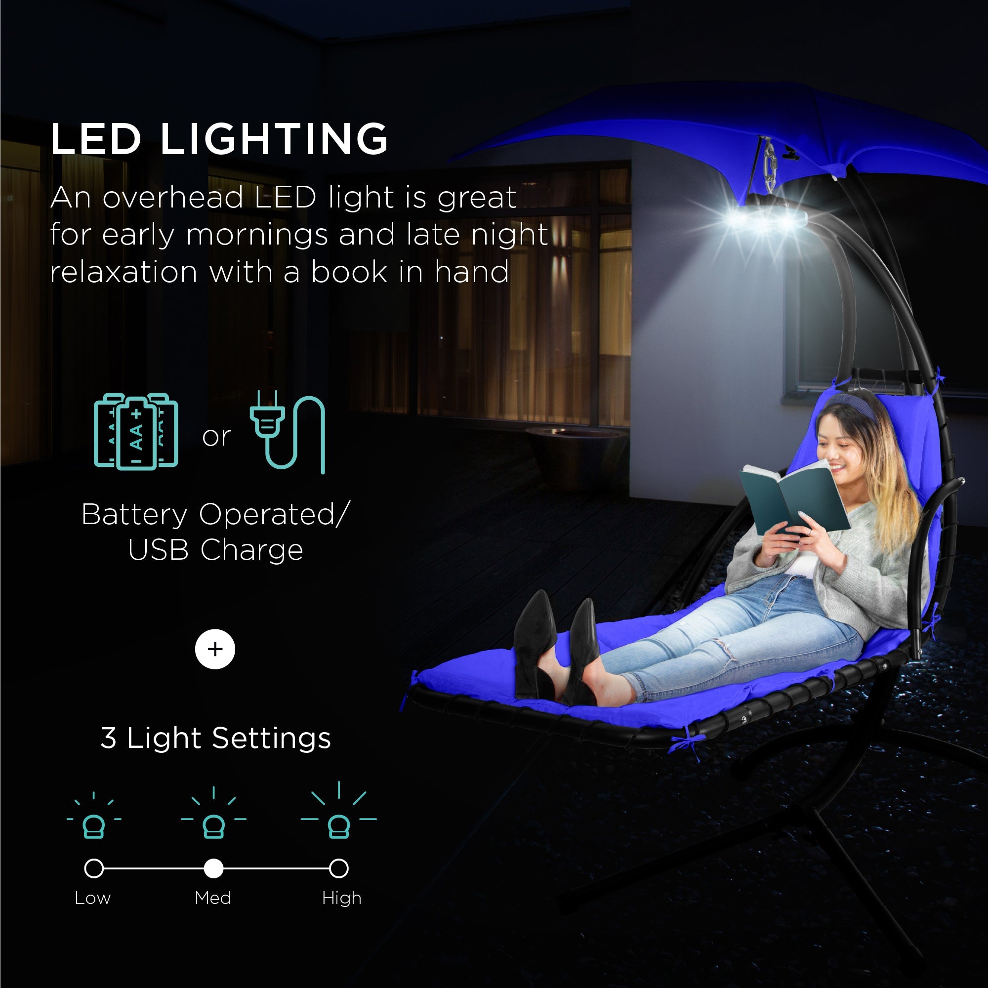 Hanging LED-Lit Curved Chaise Lounge Chair w/ Pillow, Canopy, Stand