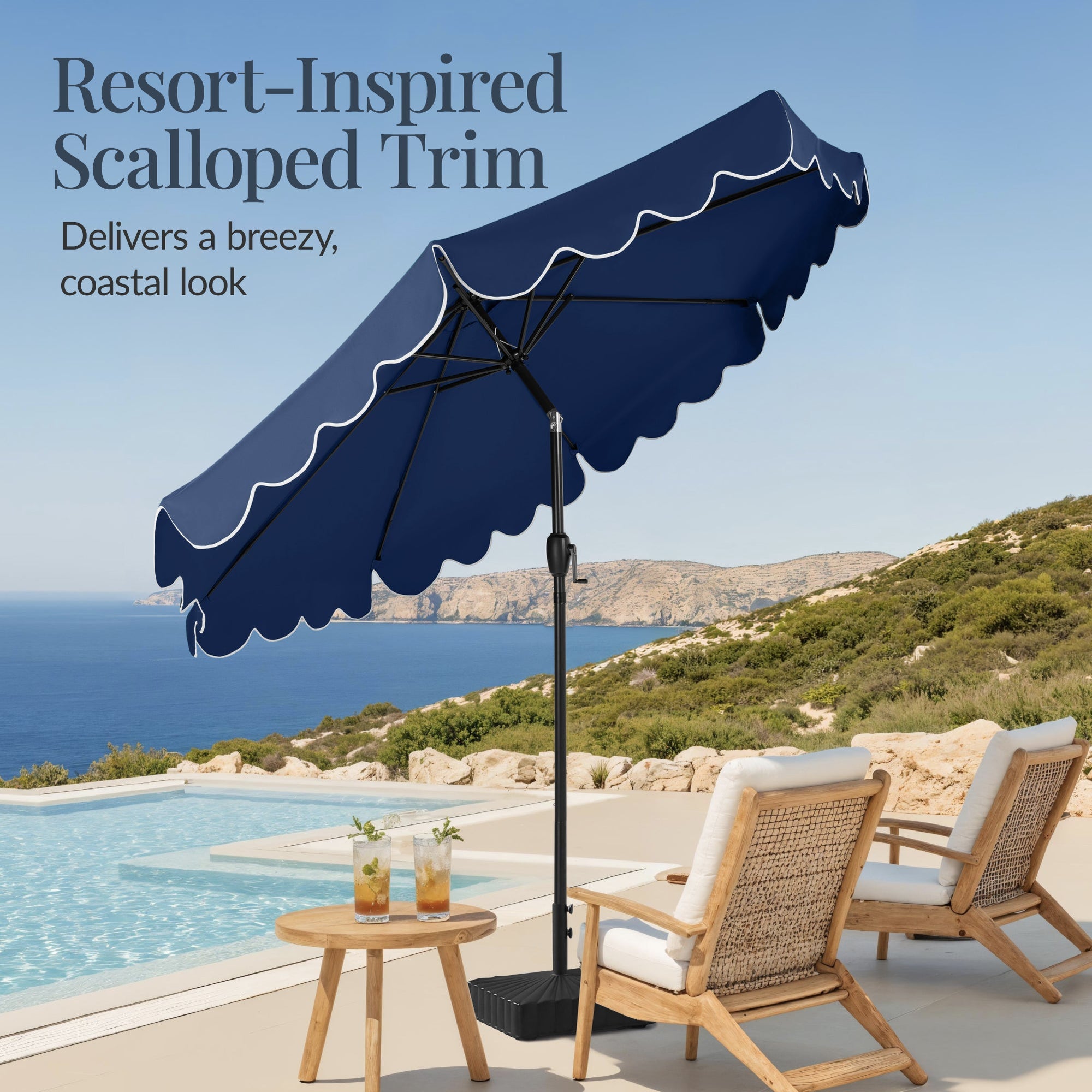 9ft Patio Market Umbrella, Scallop Trim, UV-Fade-Resistant, Crank & Tilt