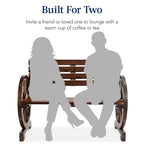 2-Person Rustic Wooden Wagon Wheel Bench w/ Slatted Seat and Backrest