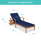 Adjustable Acacia Wood Chaise Lounge Chair w/ Side Table, Wheels - 79x26in