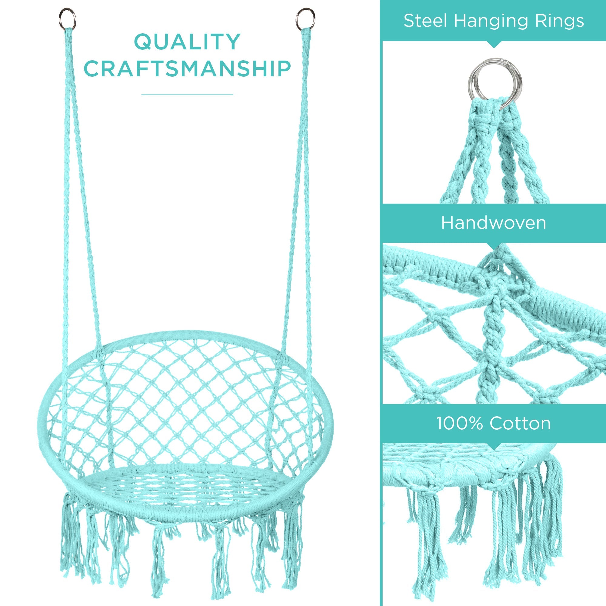Macrame Hanging Chair Handwoven Cotton Hammock Swing w/ Mounting Hardware
