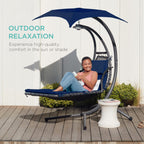 Hanging LED-Lit Curved Chaise Lounge Chair w/ Pillow, Canopy, Stand
