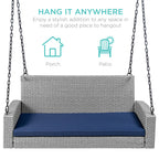 Woven Wicker Hanging Porch Swing Bench w/ Mounting Chains, Seat Cushion