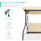3-Seat Outdoor Canopy Swing Glider Furniture w/ Converting Flatbed Backrest