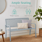 Indoor Outdoor Steel Bench w/ Geometric Backrest, Foot Levelers