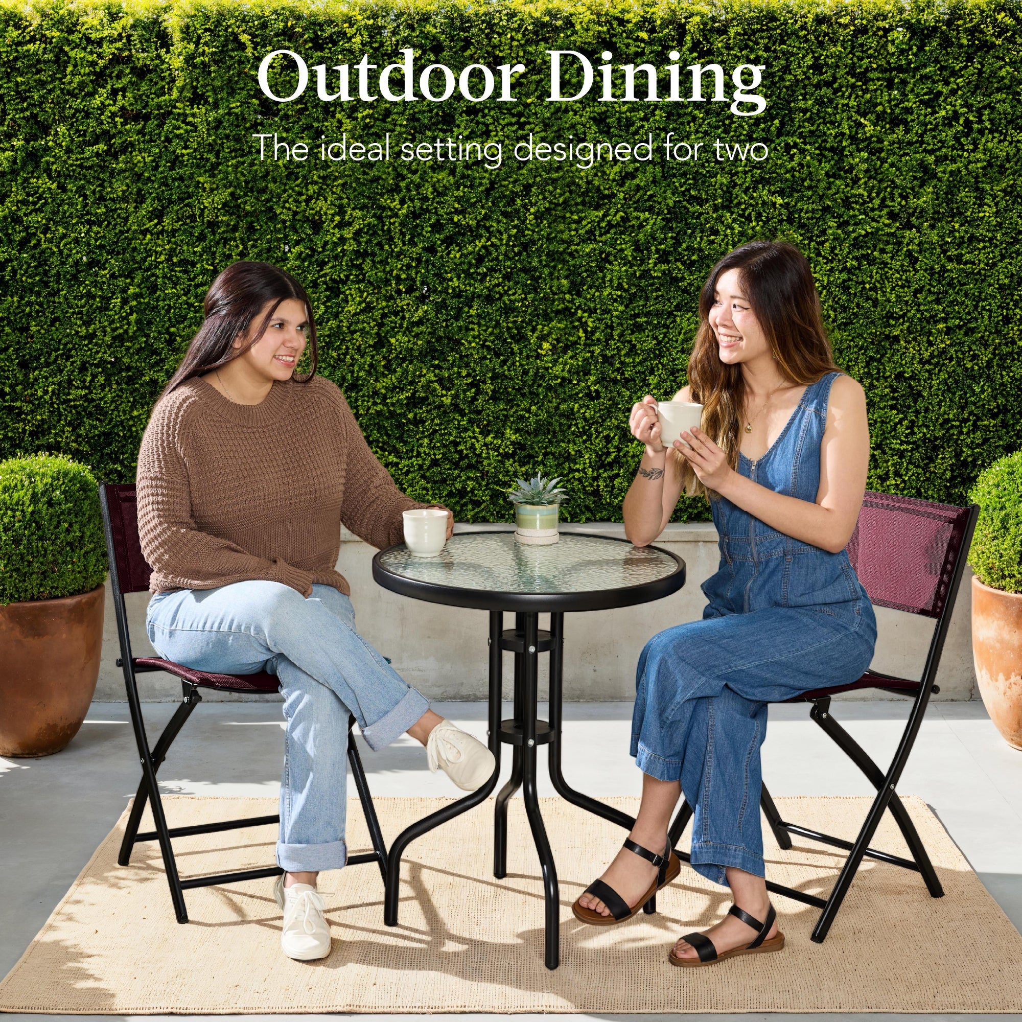 3-Piece Bistro Set w/ Glass Table, 2 Foldable Chairs