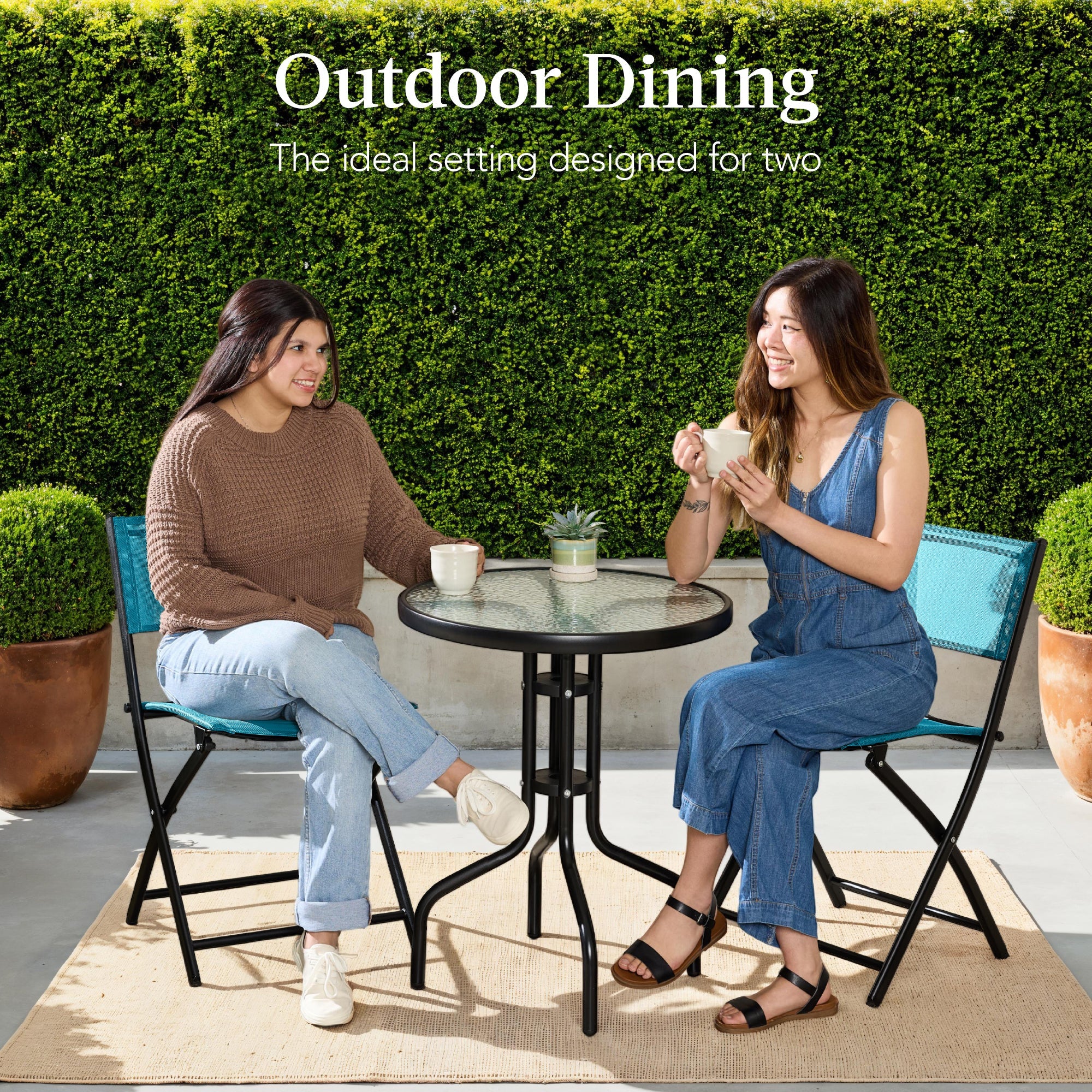 3-Piece Bistro Set w/ Glass Table, 2 Foldable Chairs
