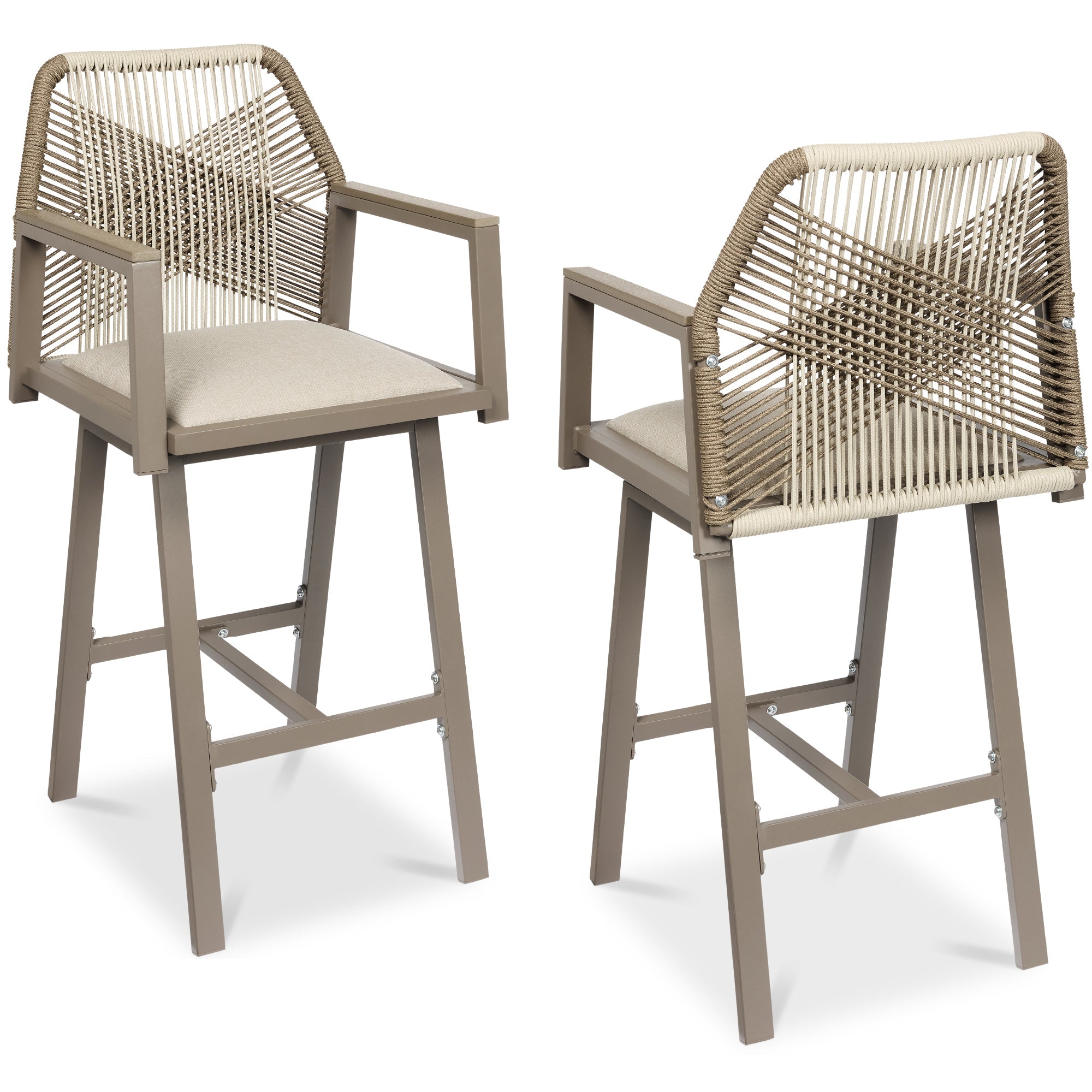 Set of 2 Indoor/Outdoor Aluminum Swivel Barstools with Arms All-Weather Rope