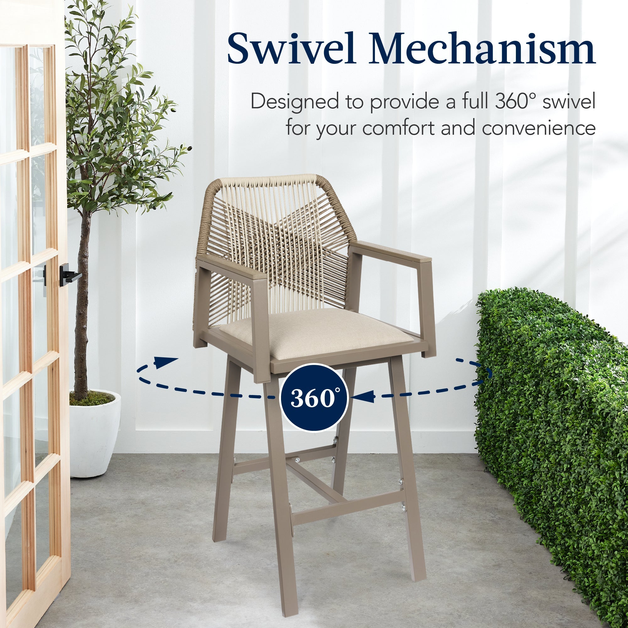 Set of 2 Indoor/Outdoor Aluminum Swivel Barstools with Arms All-Weather Rope