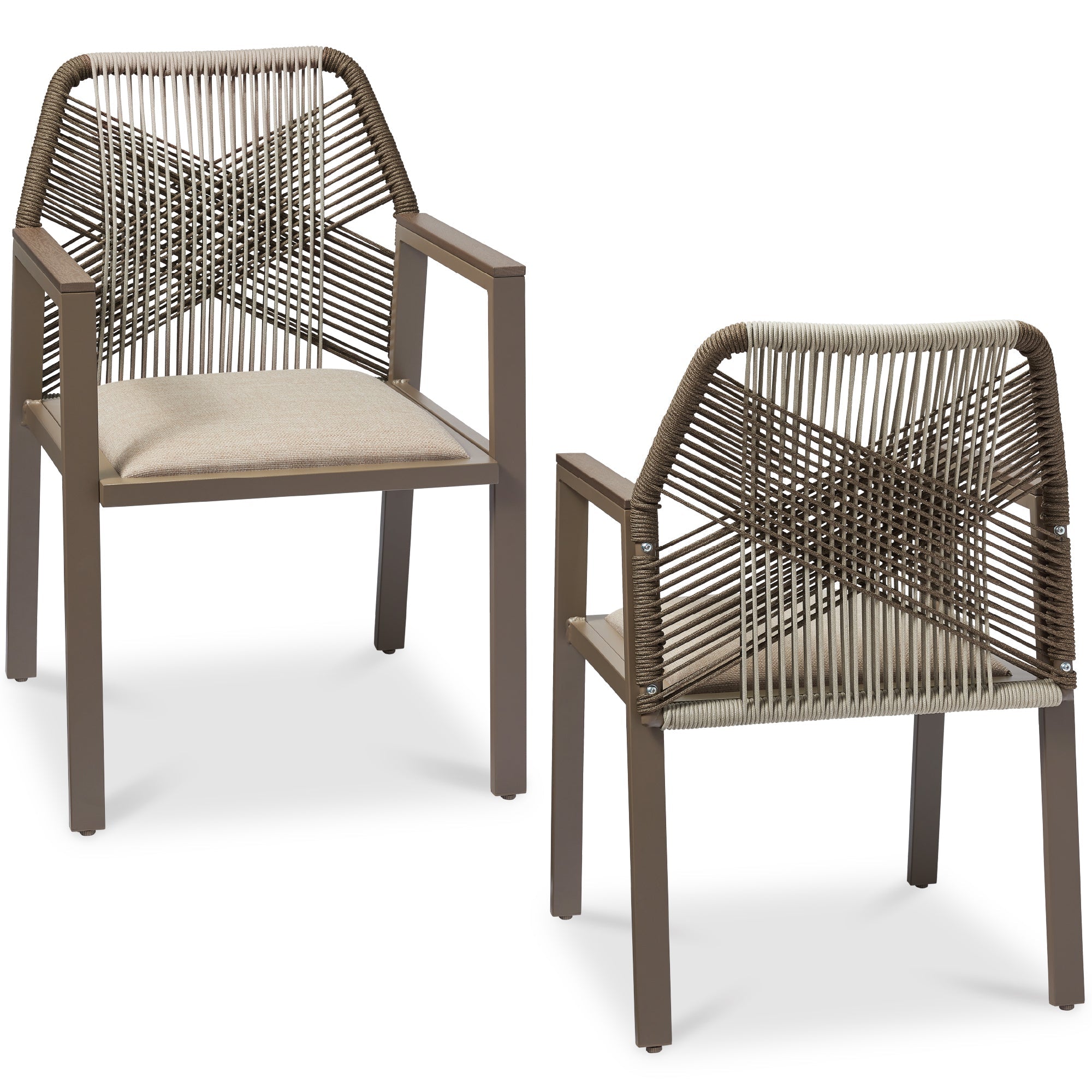Set of 2 Indoor/Outdoor Aluminum Dining Chairs with Arms All-Weather Rope