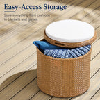 Round Wicker Ottoman, Multipurpose Furniture w/ Removable Cushion