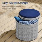 Round Wicker Ottoman, Multipurpose Furniture w/ Removable Cushion