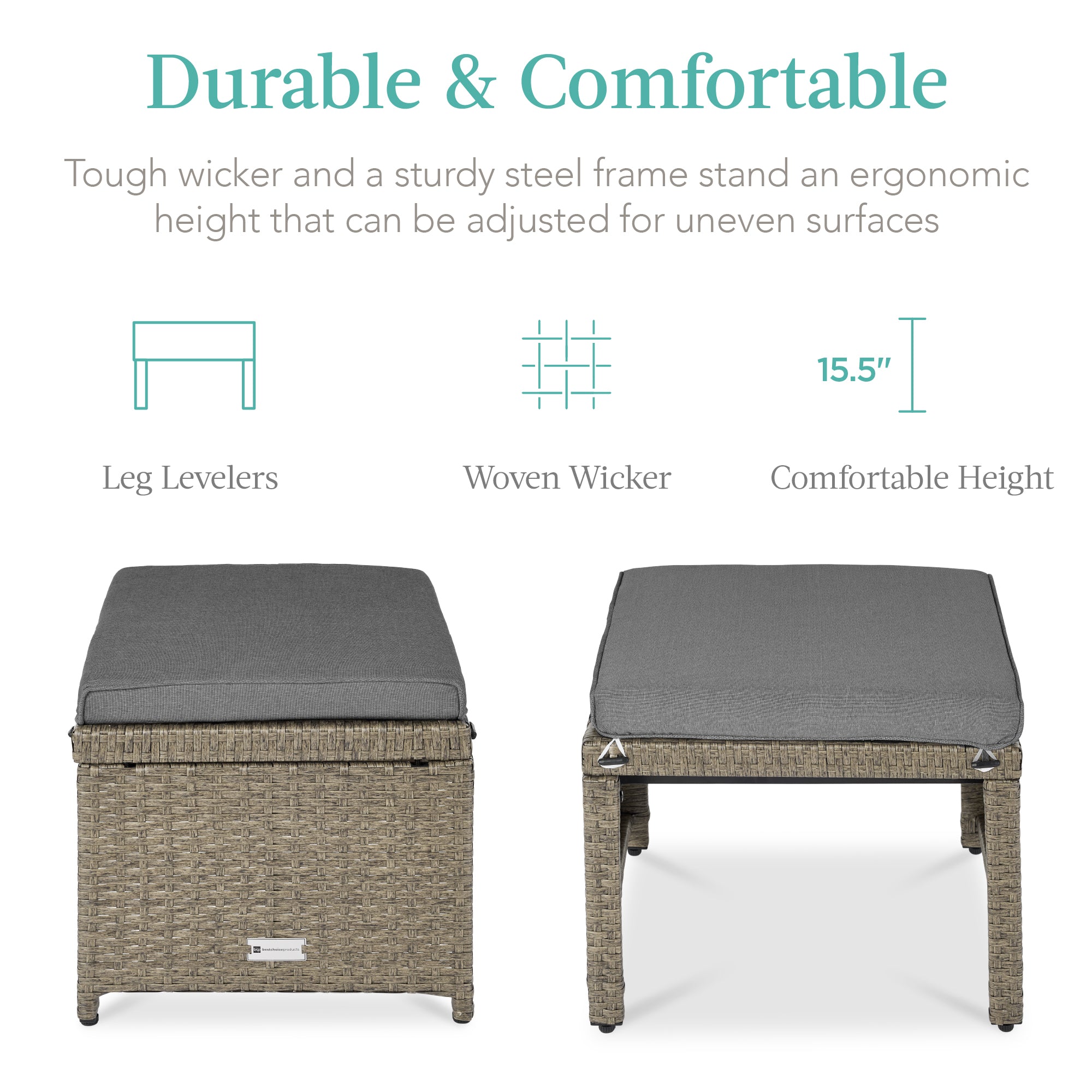 Set of 2 Multipurpose Wicker Ottomans w/ Removable Cushions, Steel Frame