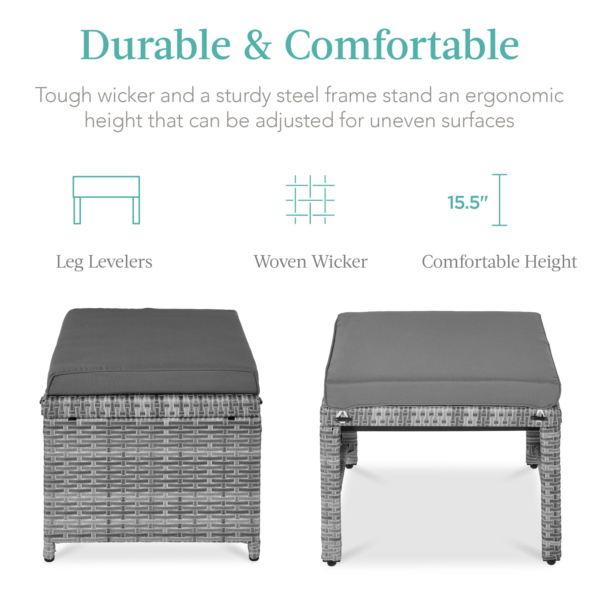 Set of 2 Multipurpose Wicker Ottomans w/ Removable Cushions, Steel Frame