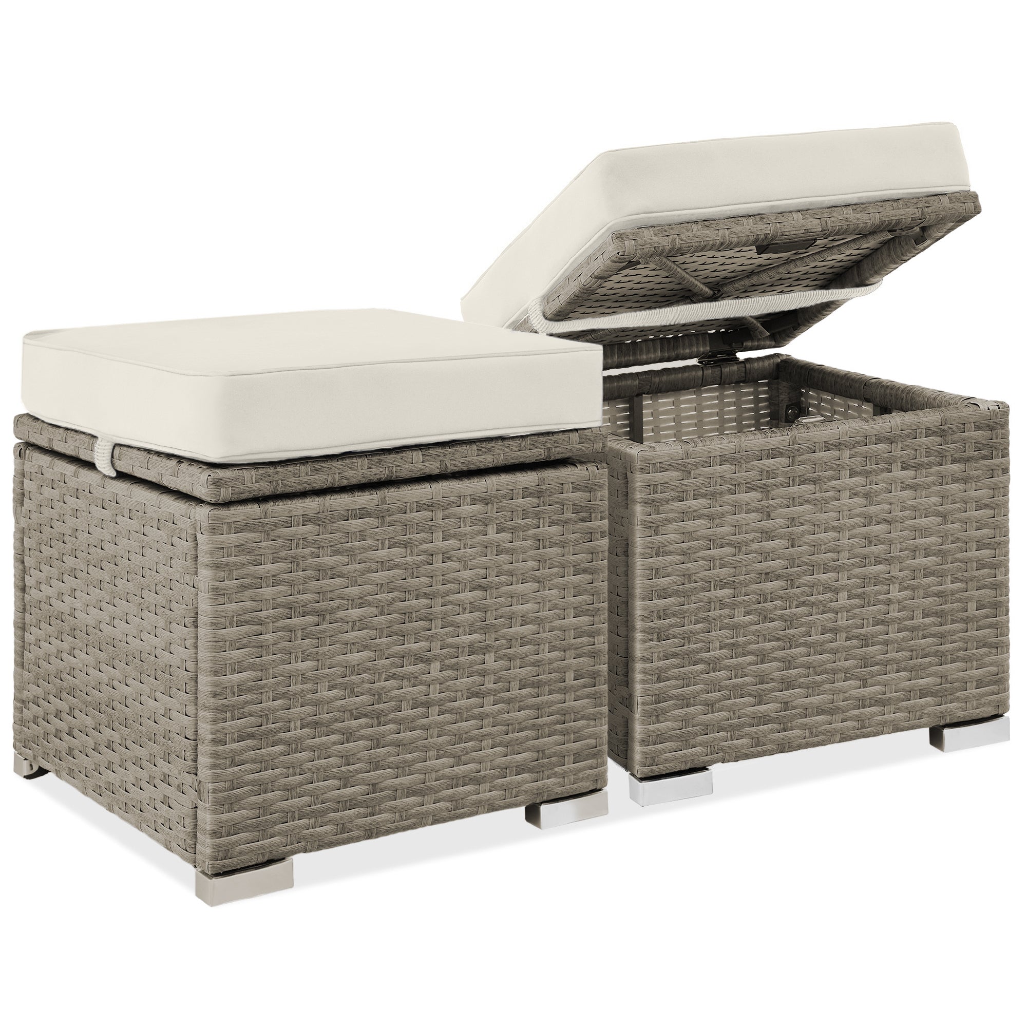 Set of 2 Wicker Ottomans, Multipurpose w/ Removable Cushions, Steel Frame