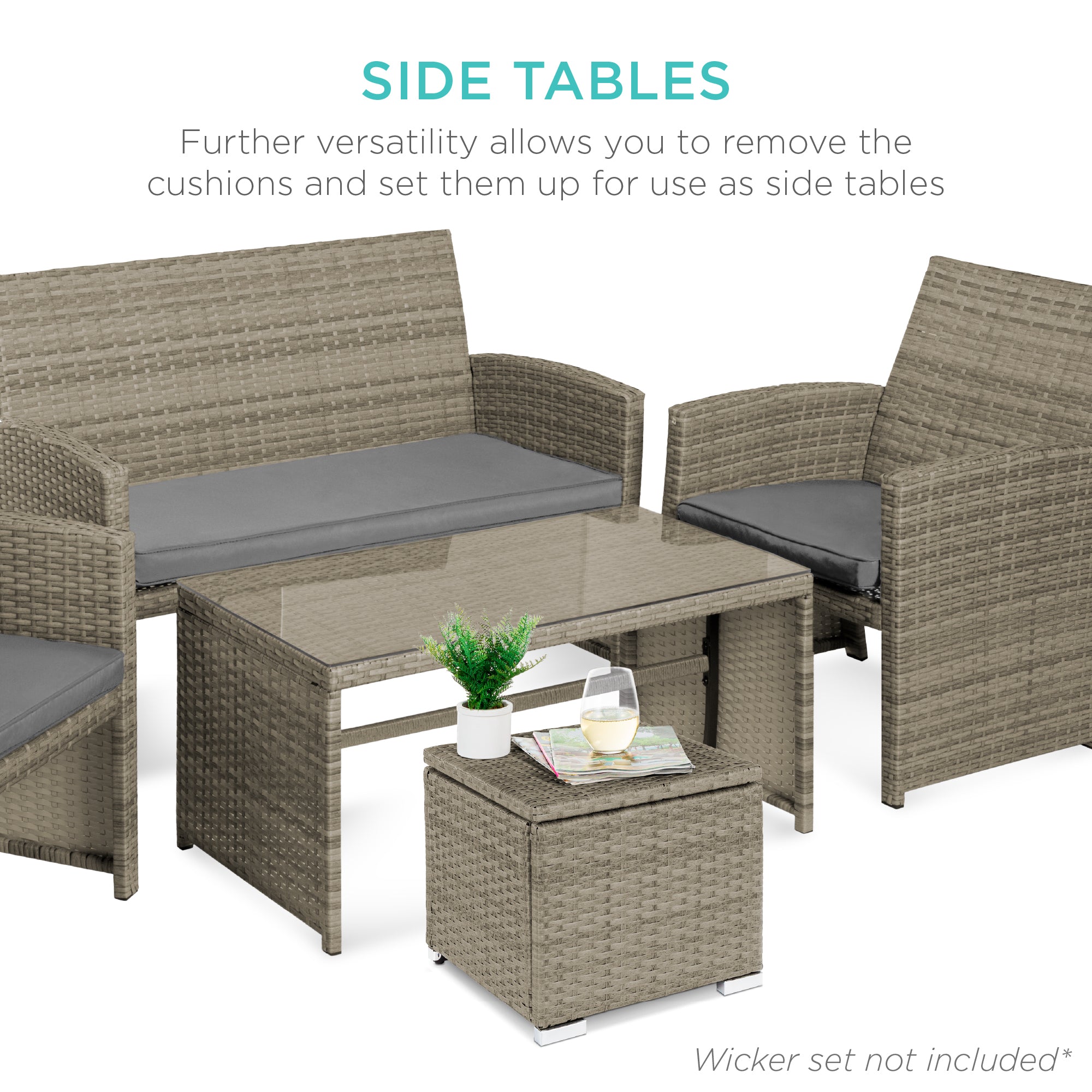 Set of 2 Wicker Ottomans, Multipurpose w/ Removable Cushions, Steel Frame
