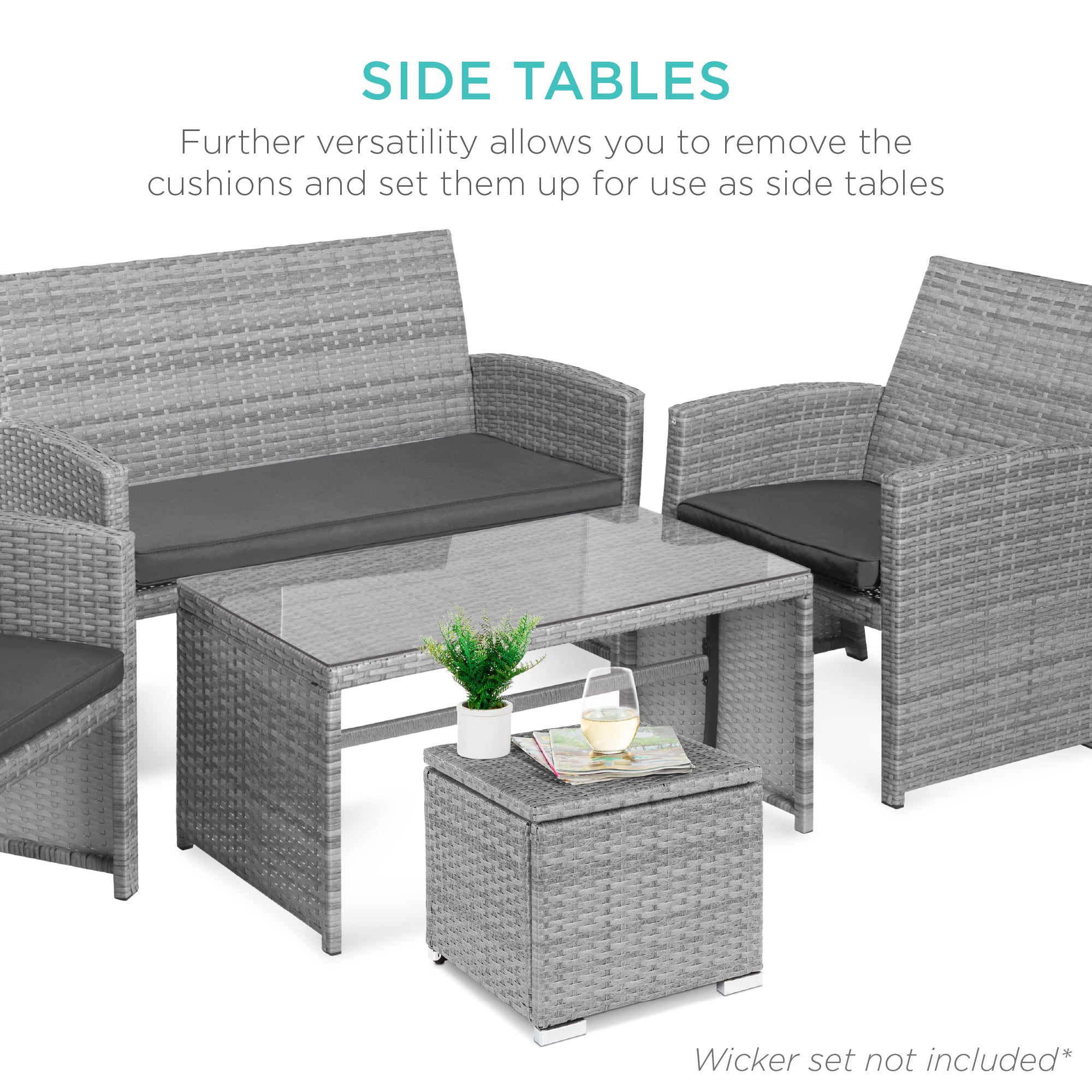 Set of 2 Wicker Ottomans, Multipurpose w/ Removable Cushions, Steel Frame