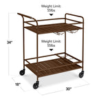2-Tier Rolling Bar Cart Indoor/Outdoor w/ Shelves, Wine Rack, Locking Wheels