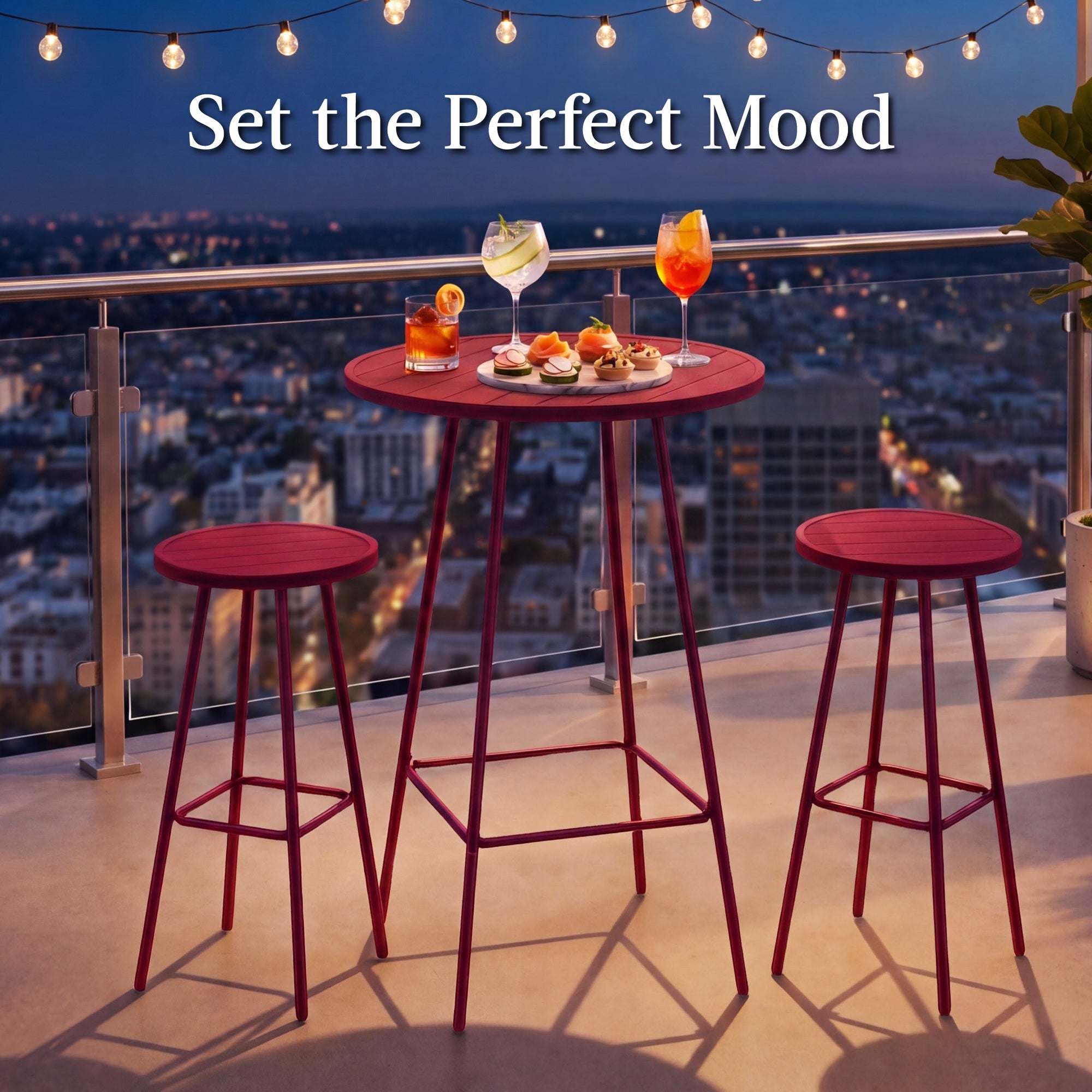 3-Piece Patio Bar Height Bistro Set w/ Backless Stools, Slatted Design
