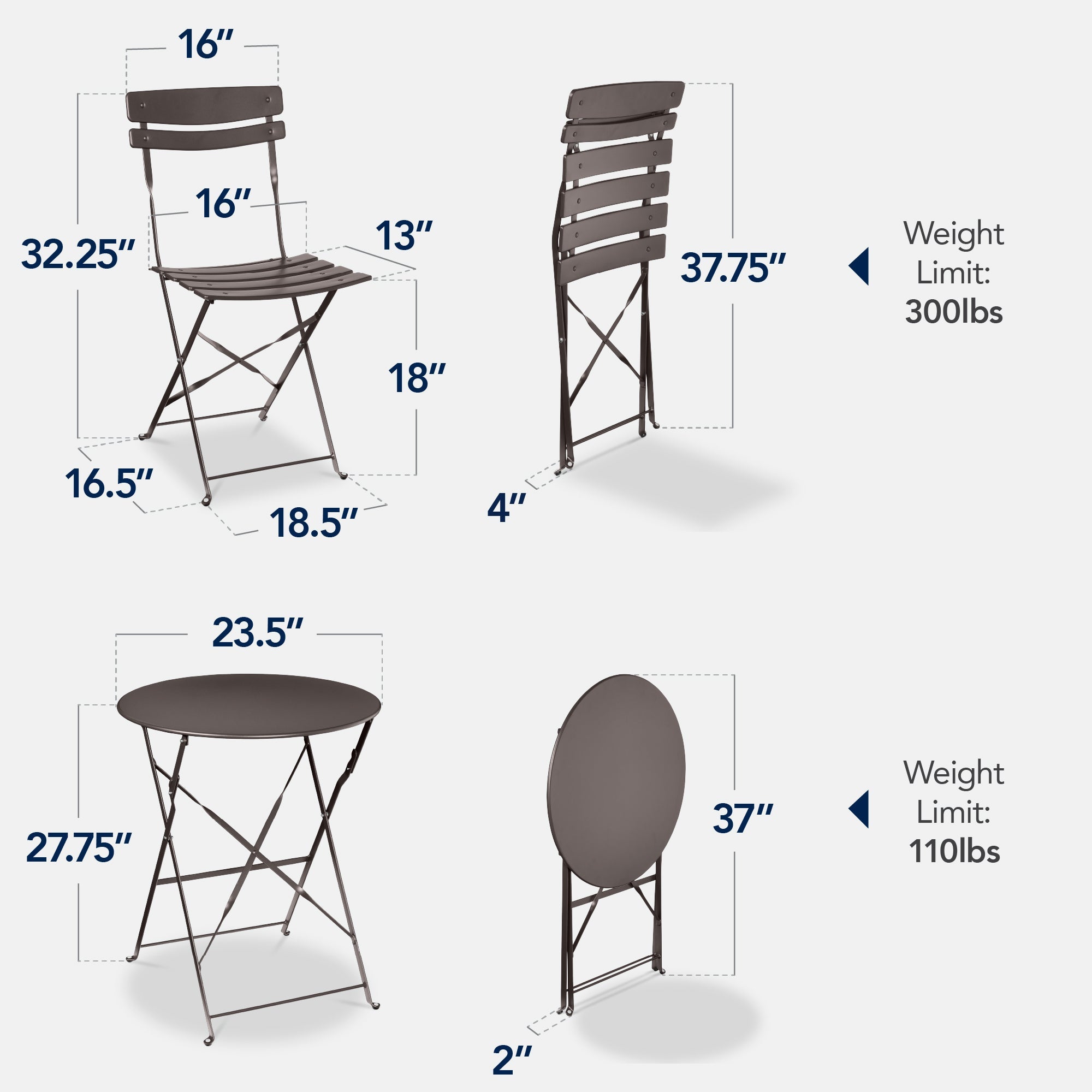 3-Piece Small Folding Patio Bistro Set w/ 2 Chairs