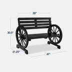 2-Person Rustic Wooden Wagon Wheel Bench w/ Slatted Seat and Backrest