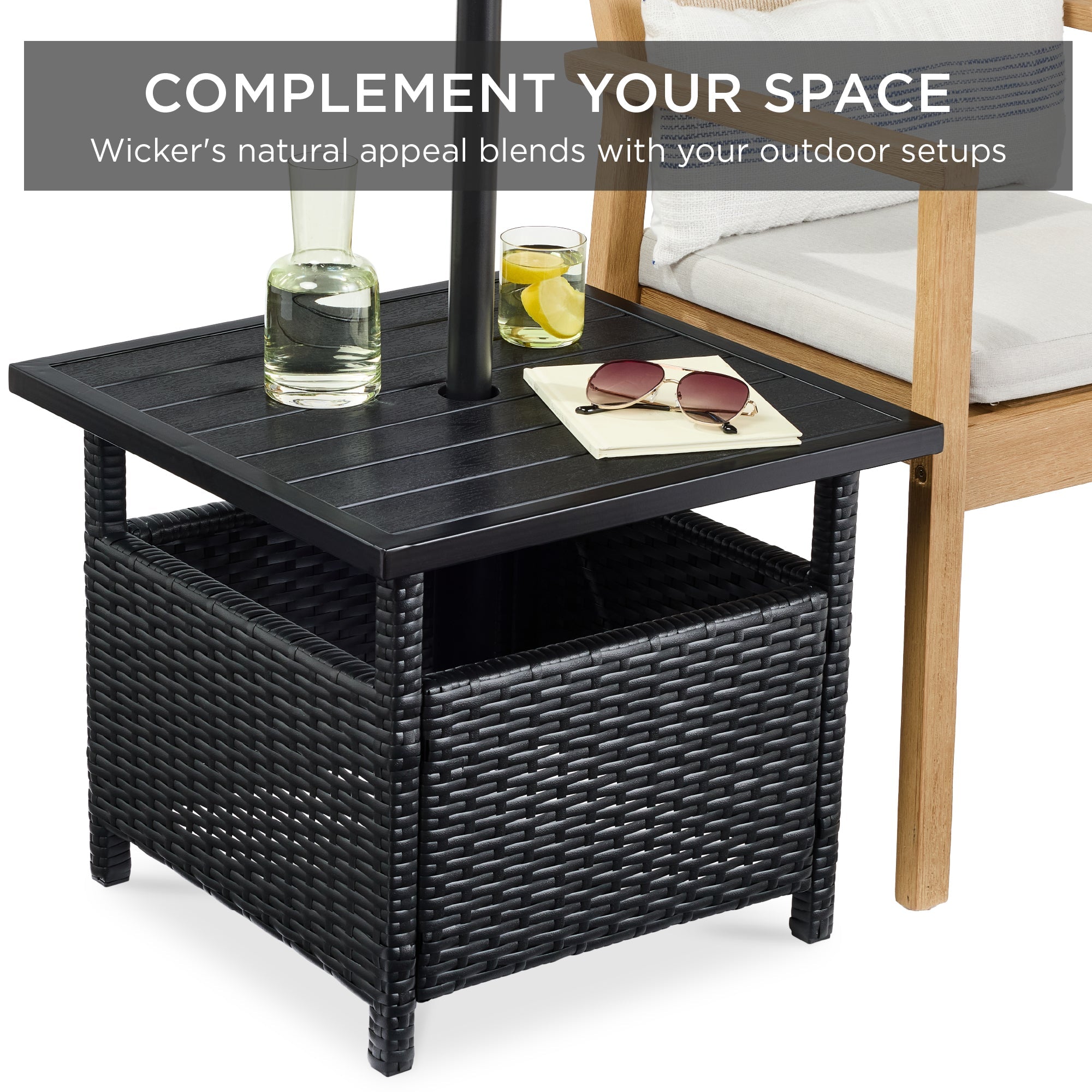 Outdoor Wicker Patio Side Table Accent Furniture w/ Umbrella Hole
