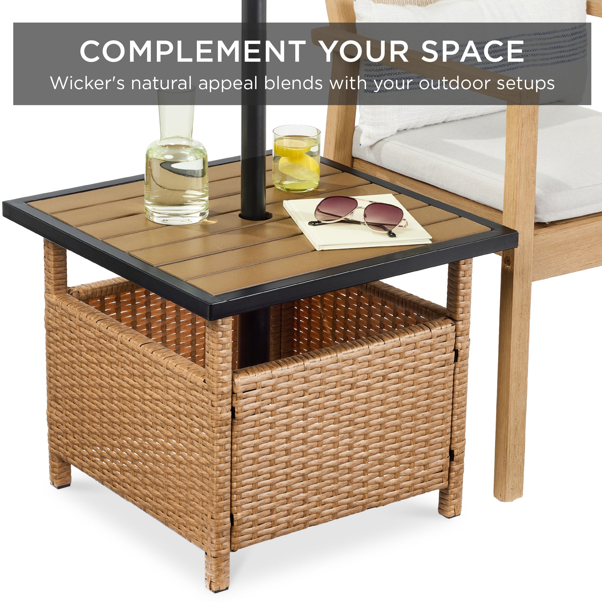 Outdoor Wicker Patio Side Table Accent Furniture w/ Umbrella Hole