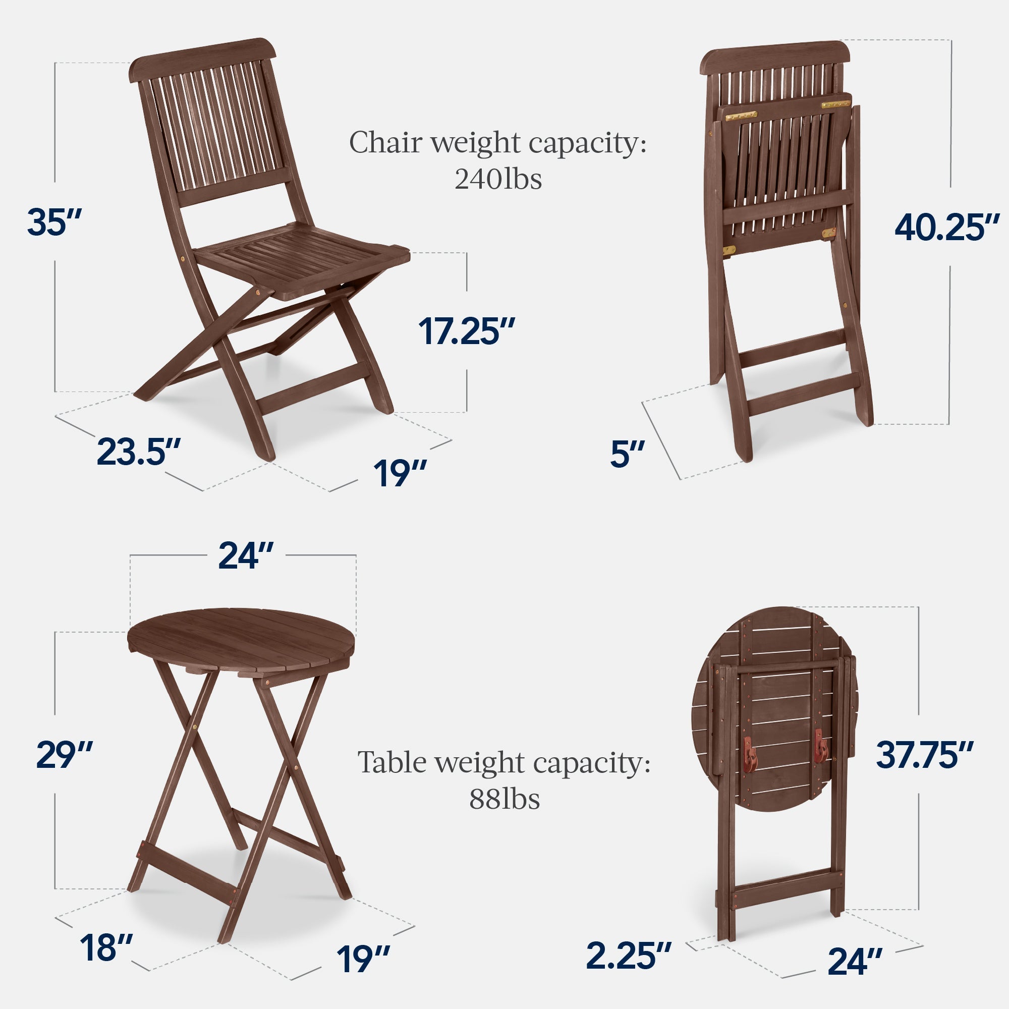 3-Piece Acacia Wood Bistro Set w/ Folding Table, 2 Chairs