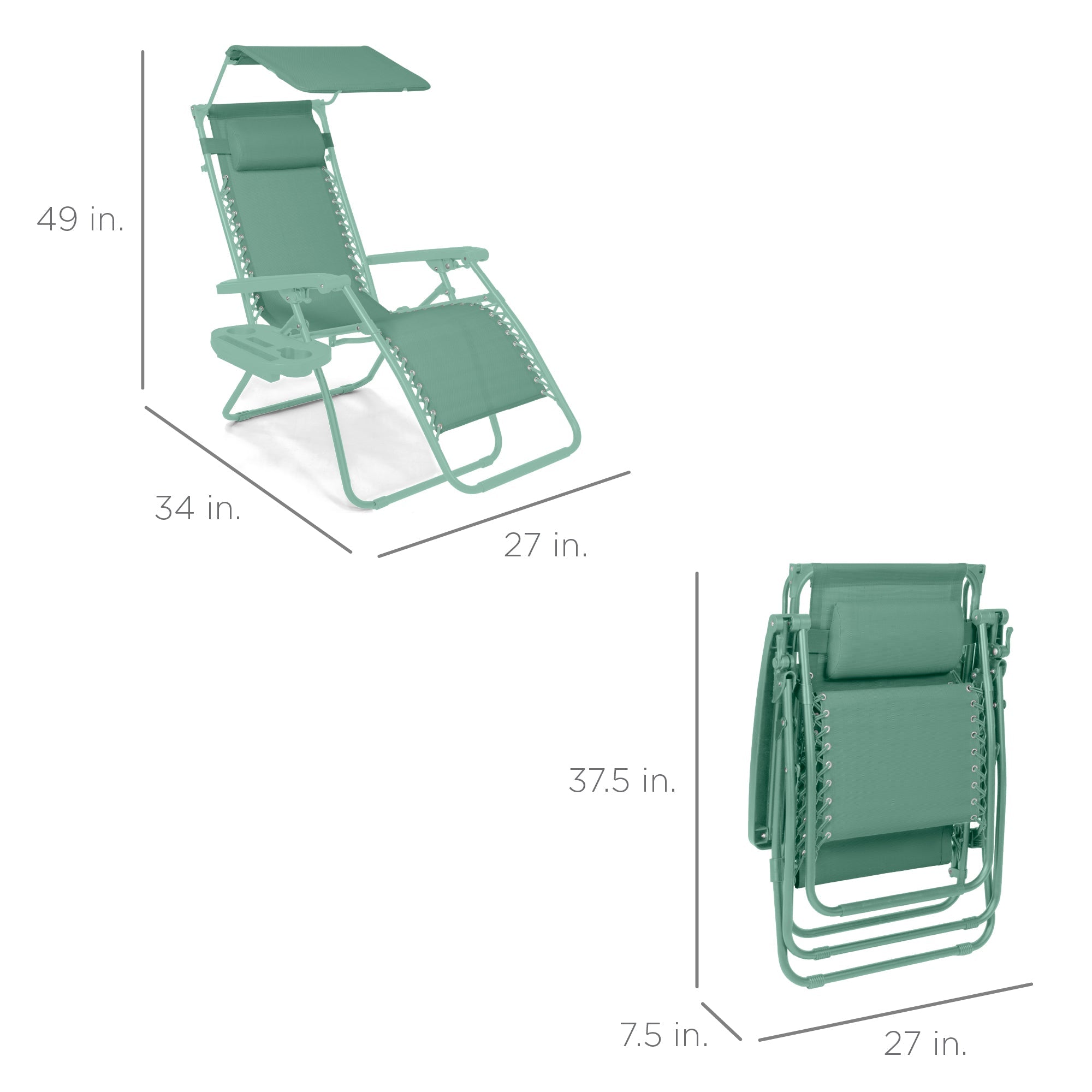 Folding Zero Gravity Recliner Patio Lounge Chair w/ Canopy, Side Tray