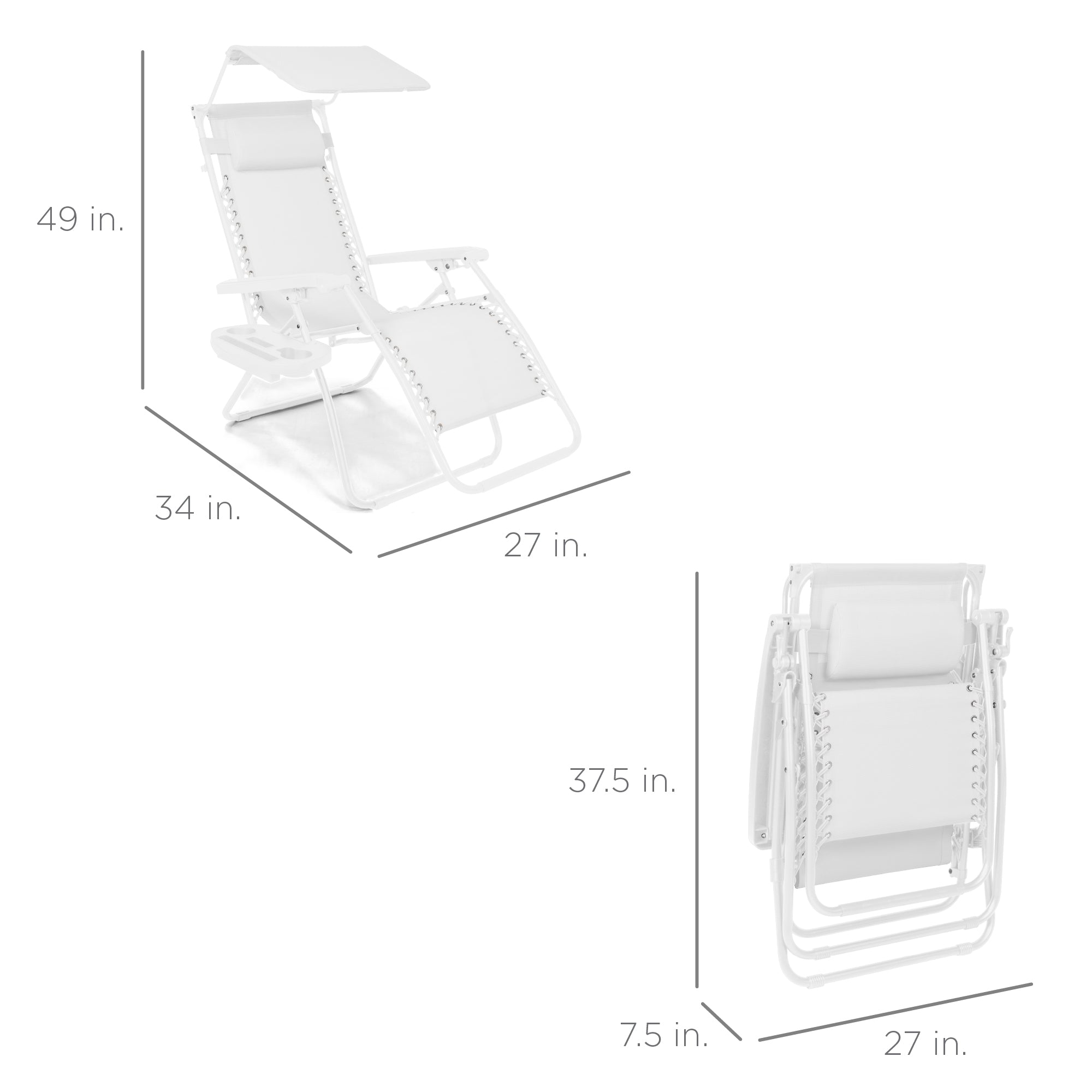 Folding Zero Gravity Recliner Patio Lounge Chair w/ Canopy, Side Tray