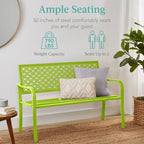 Indoor Outdoor Steel Bench w/ Geometric Backrest, Foot Levelers