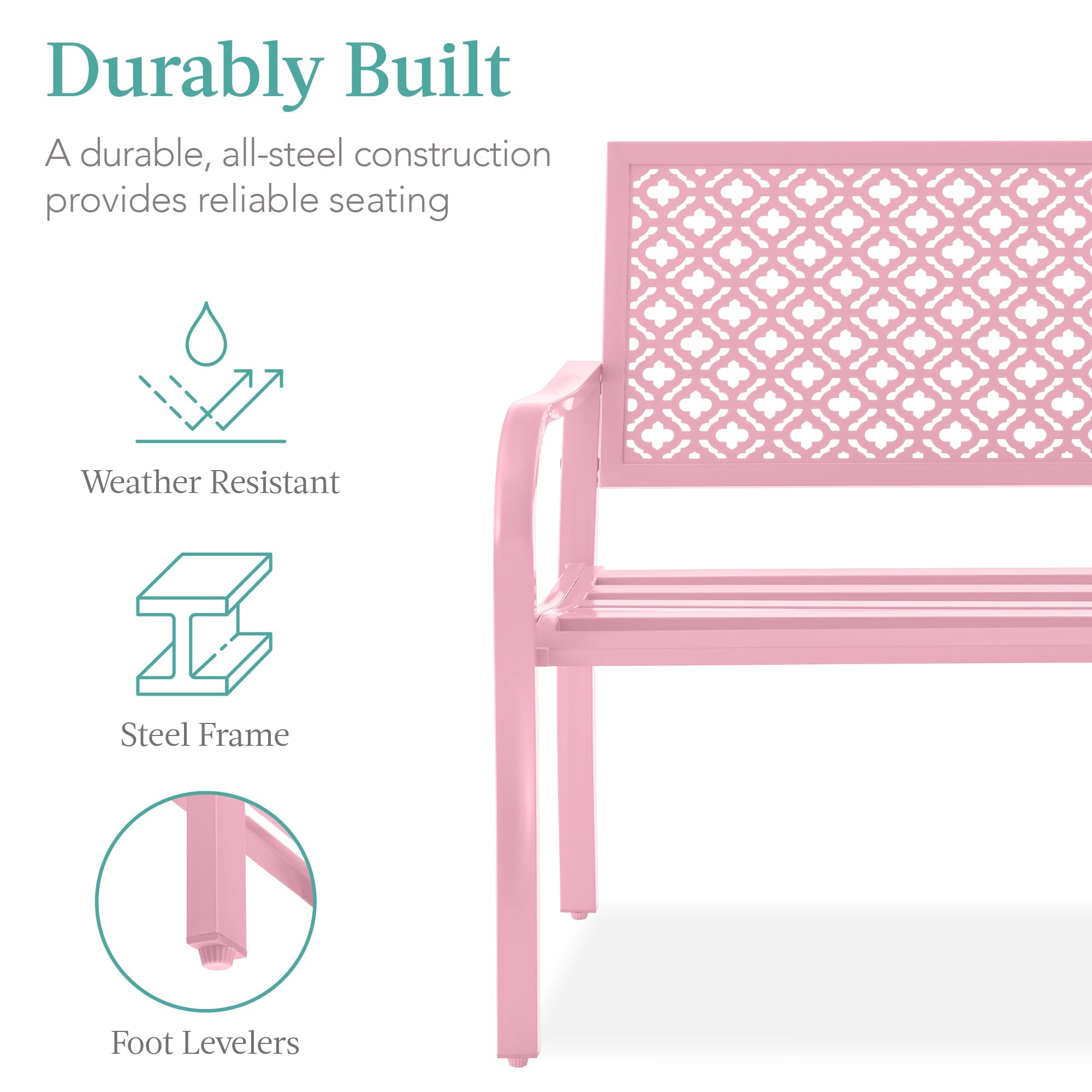 Indoor Outdoor Steel Bench w/ Geometric Backrest, Foot Levelers