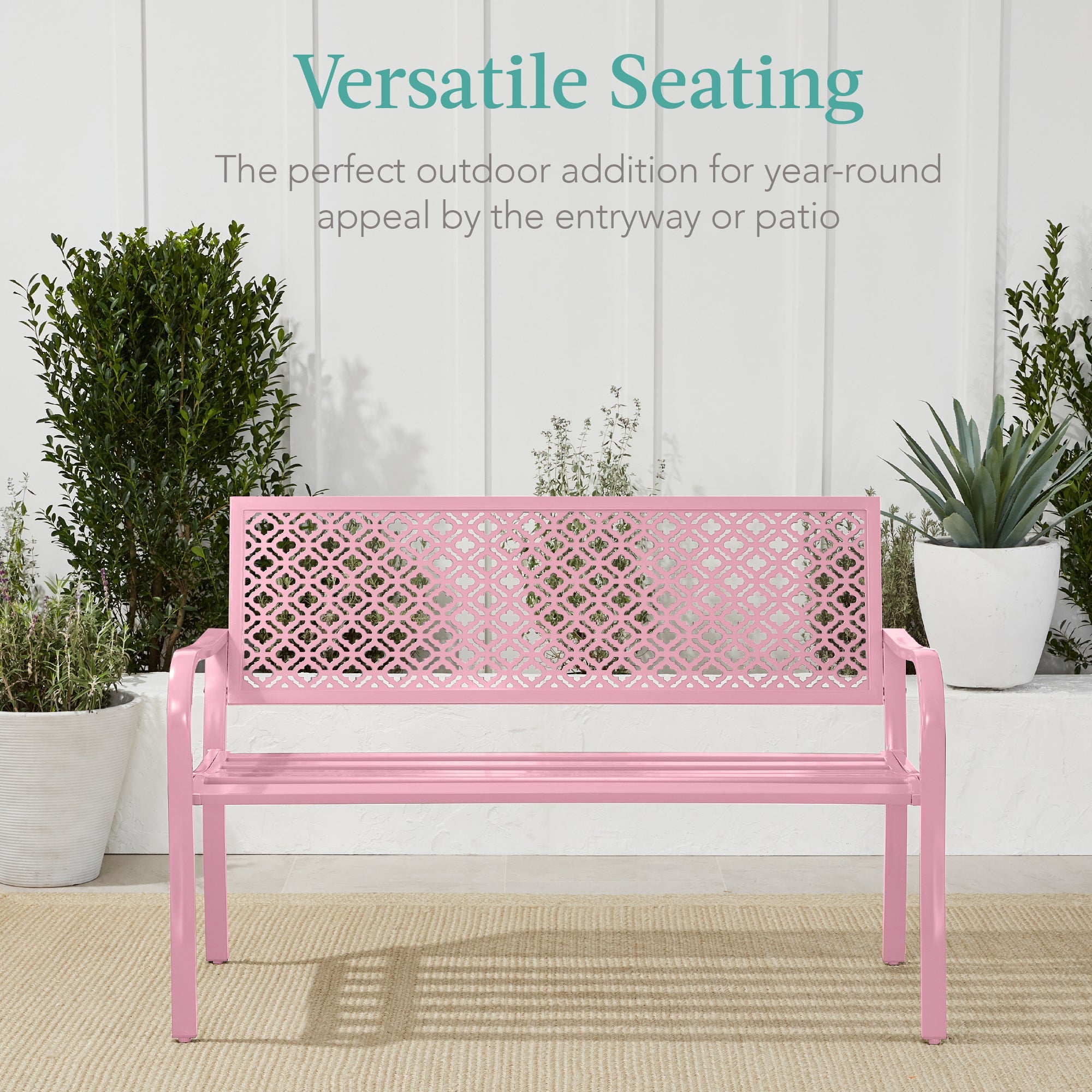 Indoor Outdoor Steel Bench w/ Geometric Backrest, Foot Levelers