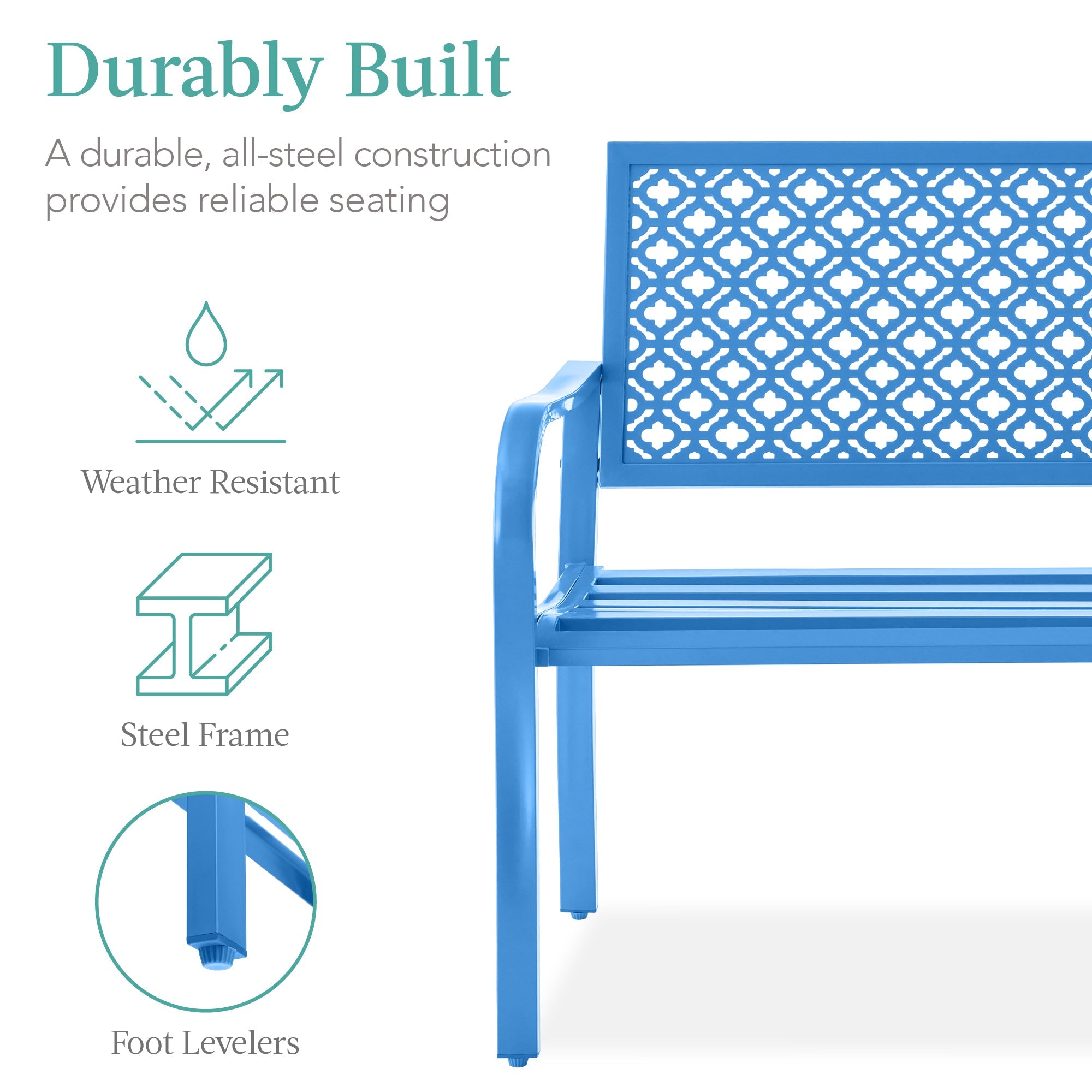 Indoor Outdoor Steel Bench w/ Geometric Backrest, Foot Levelers