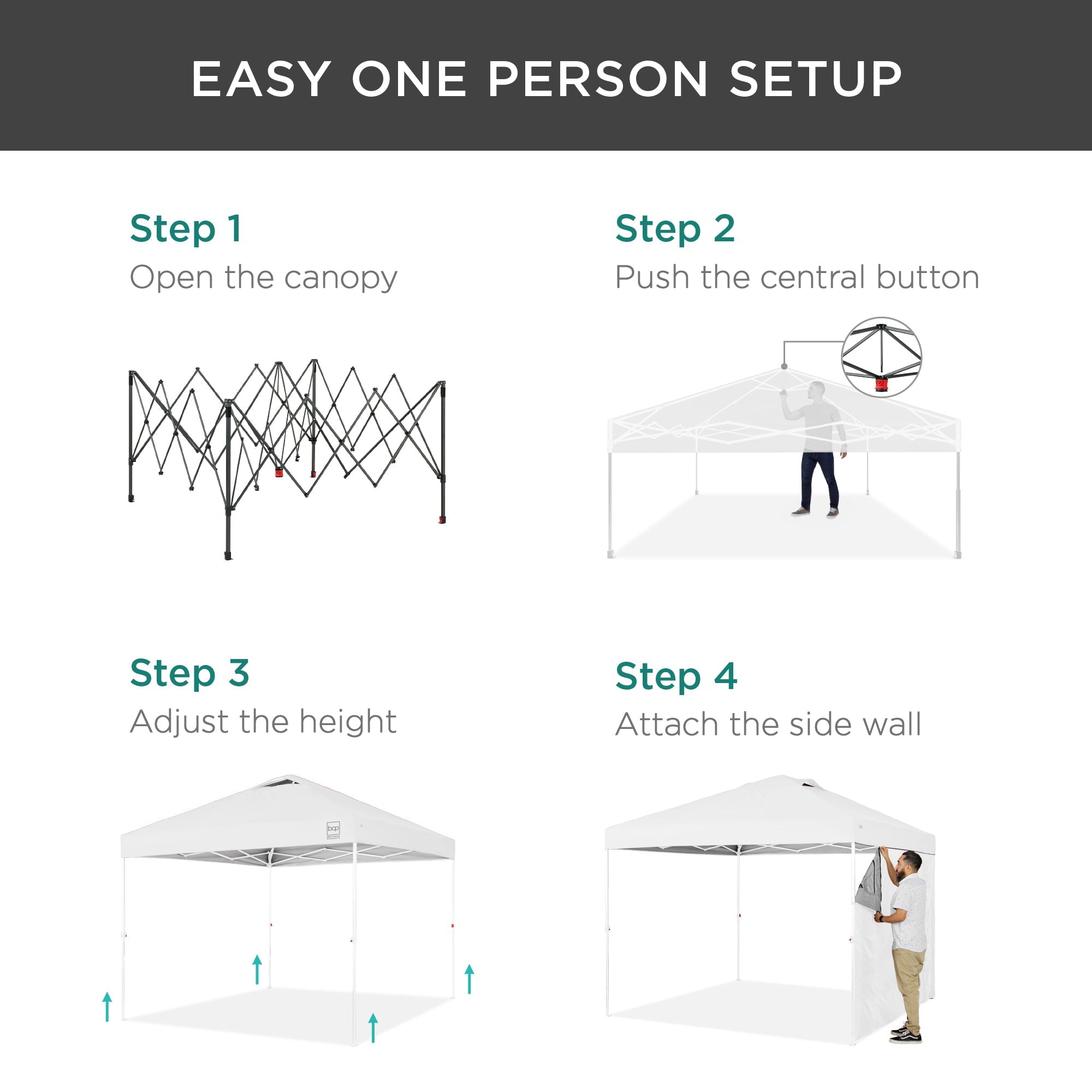 One-Person Setup Instant Pop Up Canopy w/ Side Wall, Carrying Case - 10x10ft