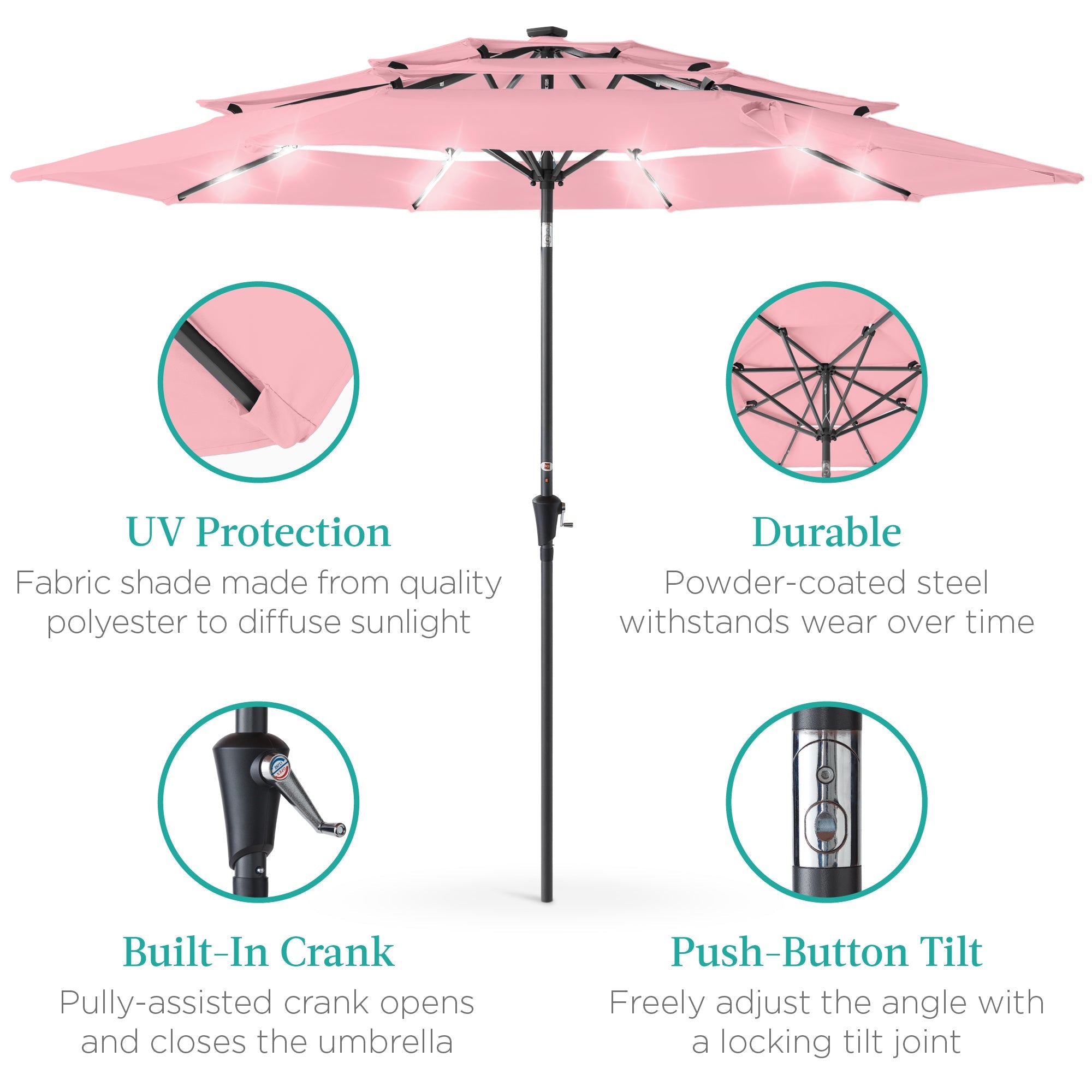 3-Tier Solar Patio Umbrella w/ LED Lights, Tilt Adjustment, Crank - 10ft