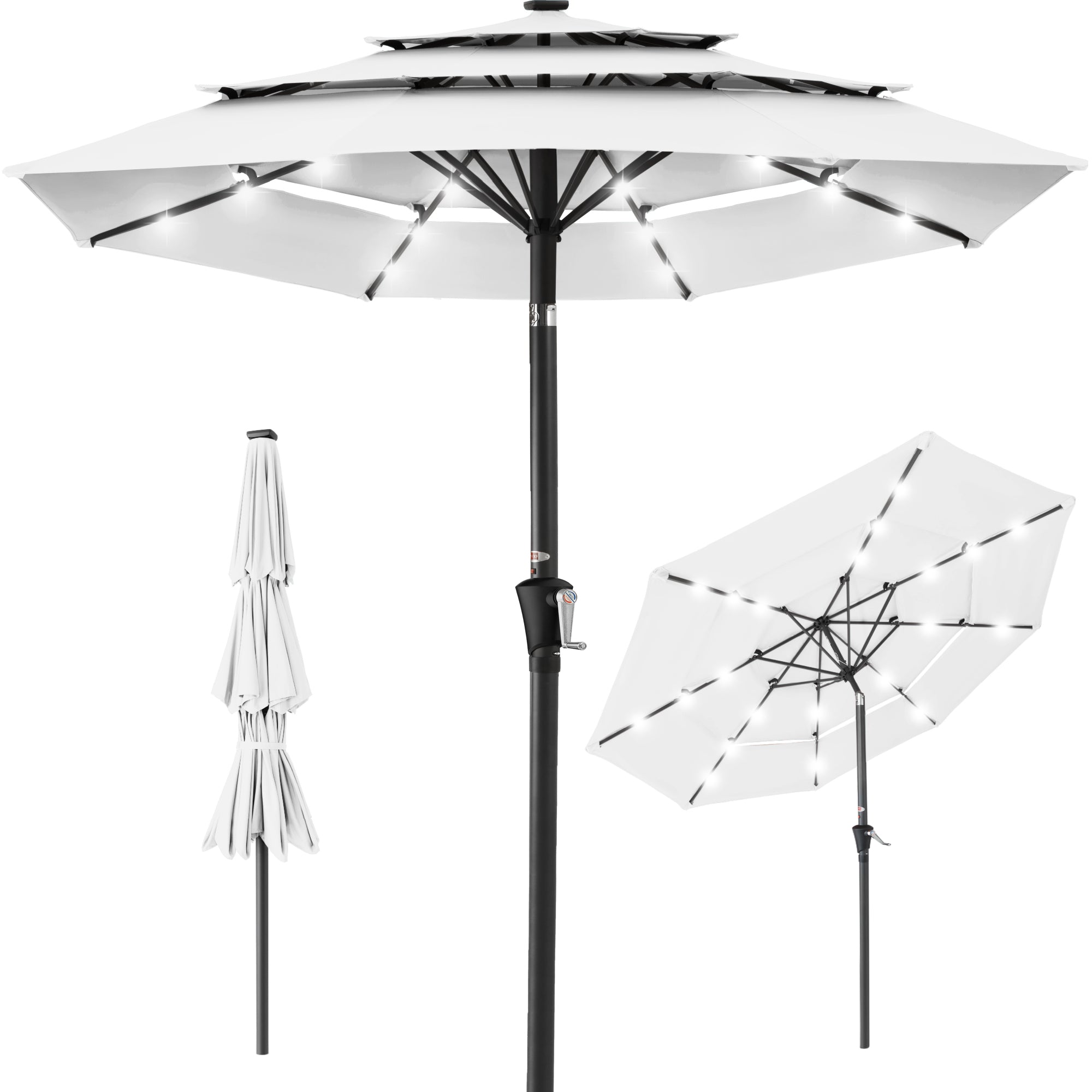 3-Tier Solar Patio Umbrella w/ LED Lights, Tilt Adjustment, Crank - 10ft